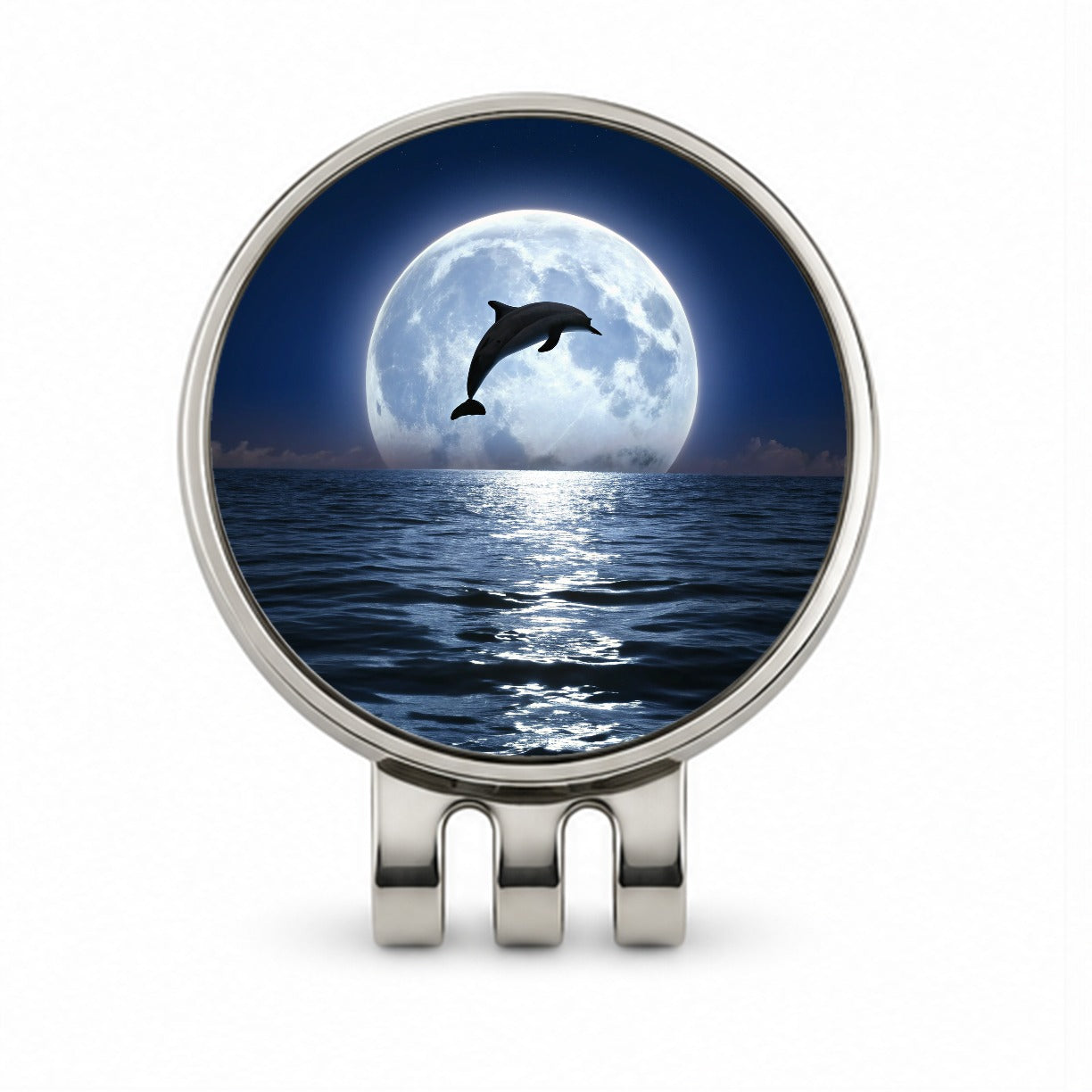 Dolphin Leaping Over Ocean Sea Full Moon Golf Hat Clip with Ball Marker