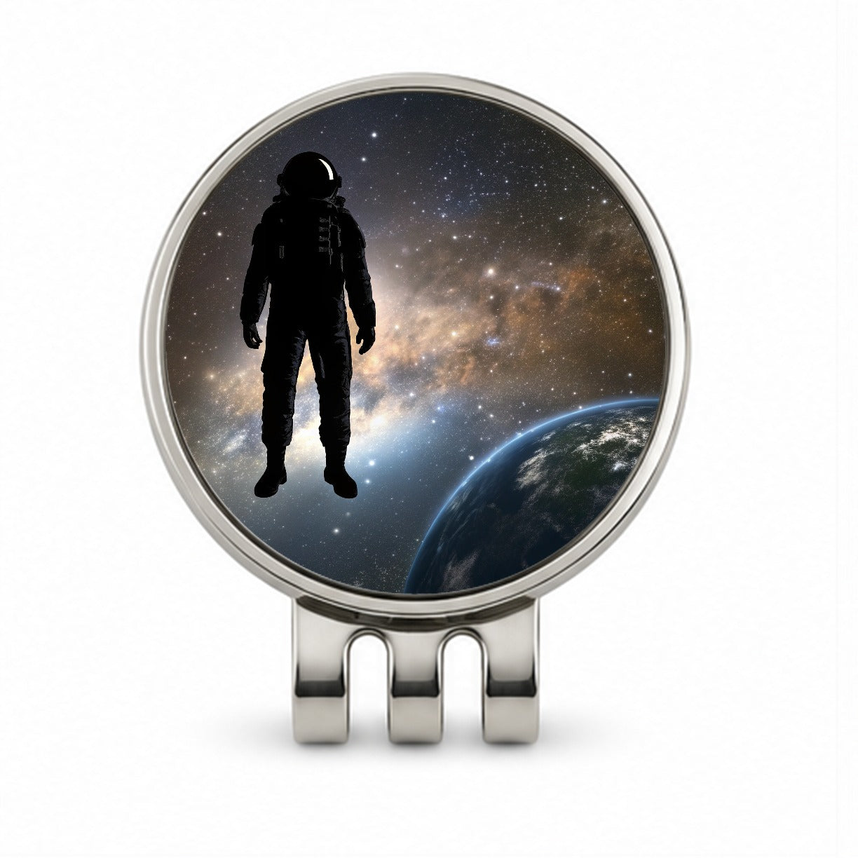 Floating Astronaut Silhouette Earth Space Golf Hat Clip with Ball Marker