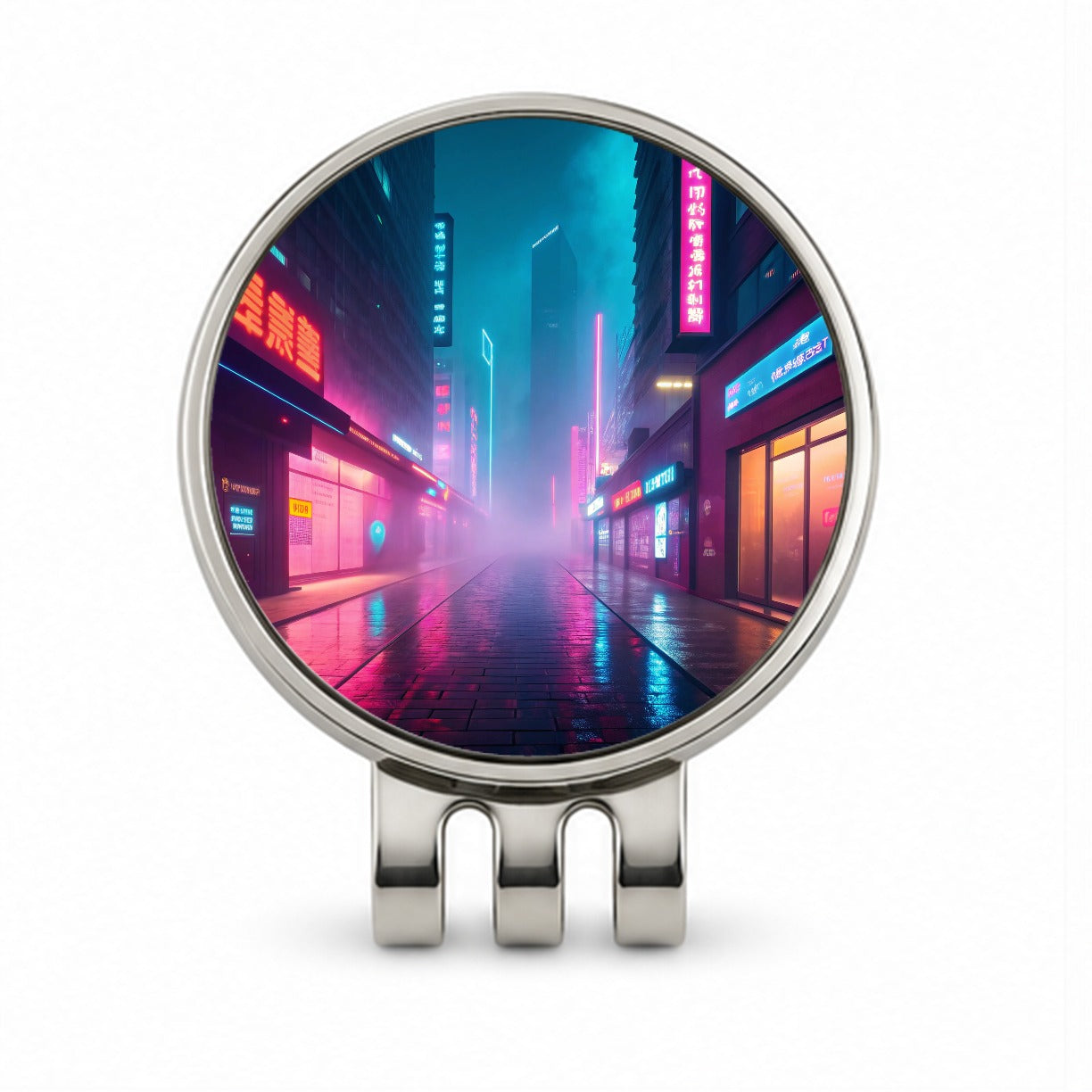 Futuristic City Alley Night Glowing Signs Misty Golf Hat Clip with Ball Marker
