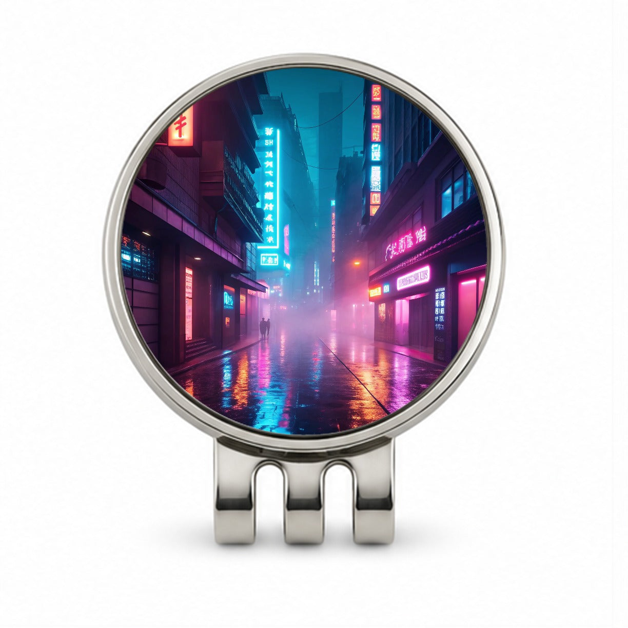 Futuristic City Alley Night Glowing Signs Golf Hat Clip with Ball Marker