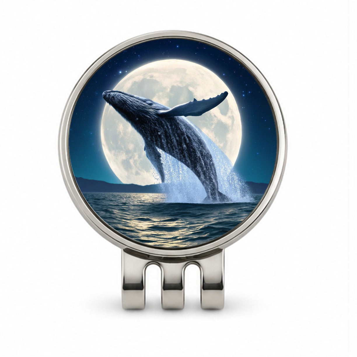 Giant Whale Leaping Over Ocean Moon Golf Hat Clip with Ball Marker