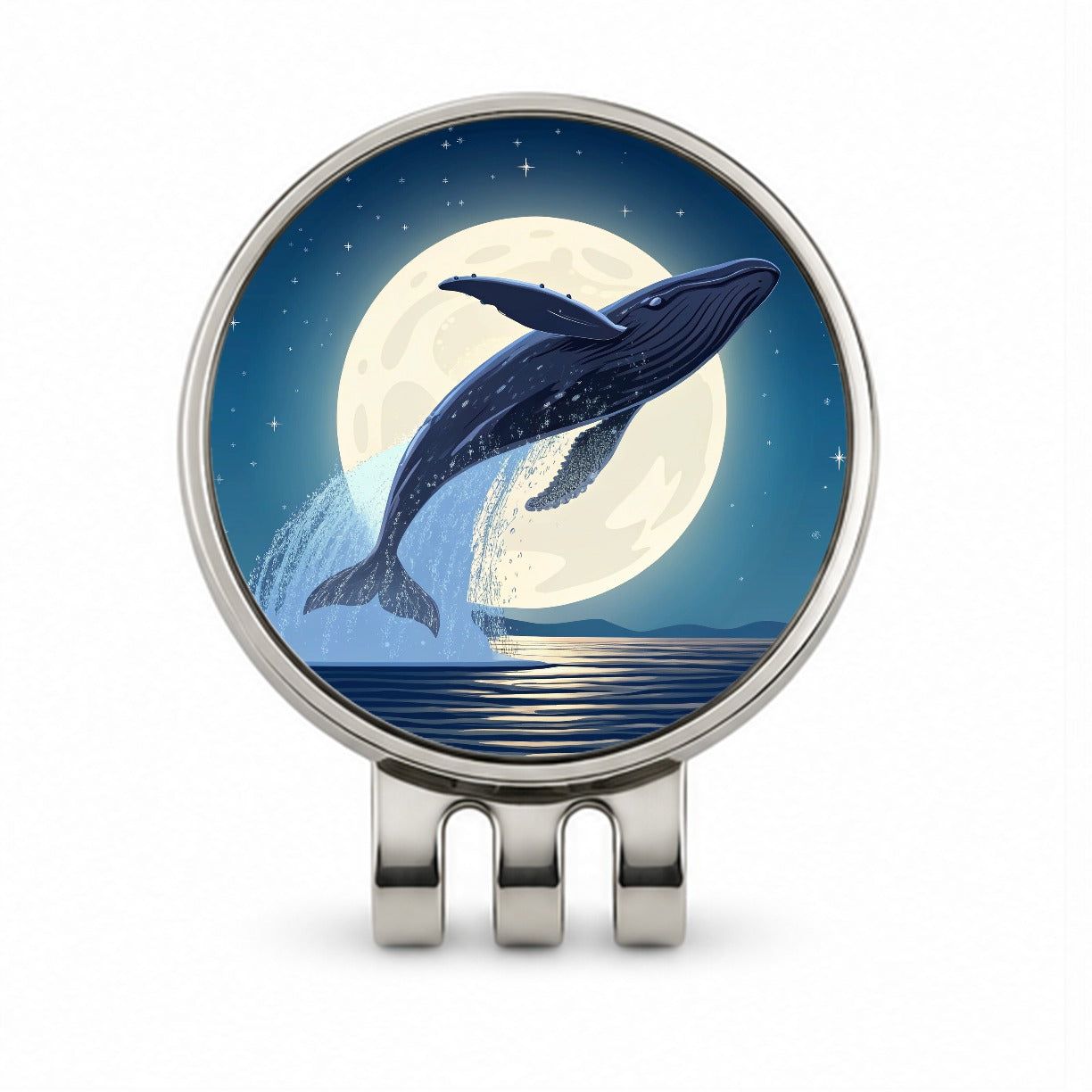 Giant Whale Leaping Over Ocean Night Golf Hat Clip with Ball Marker
