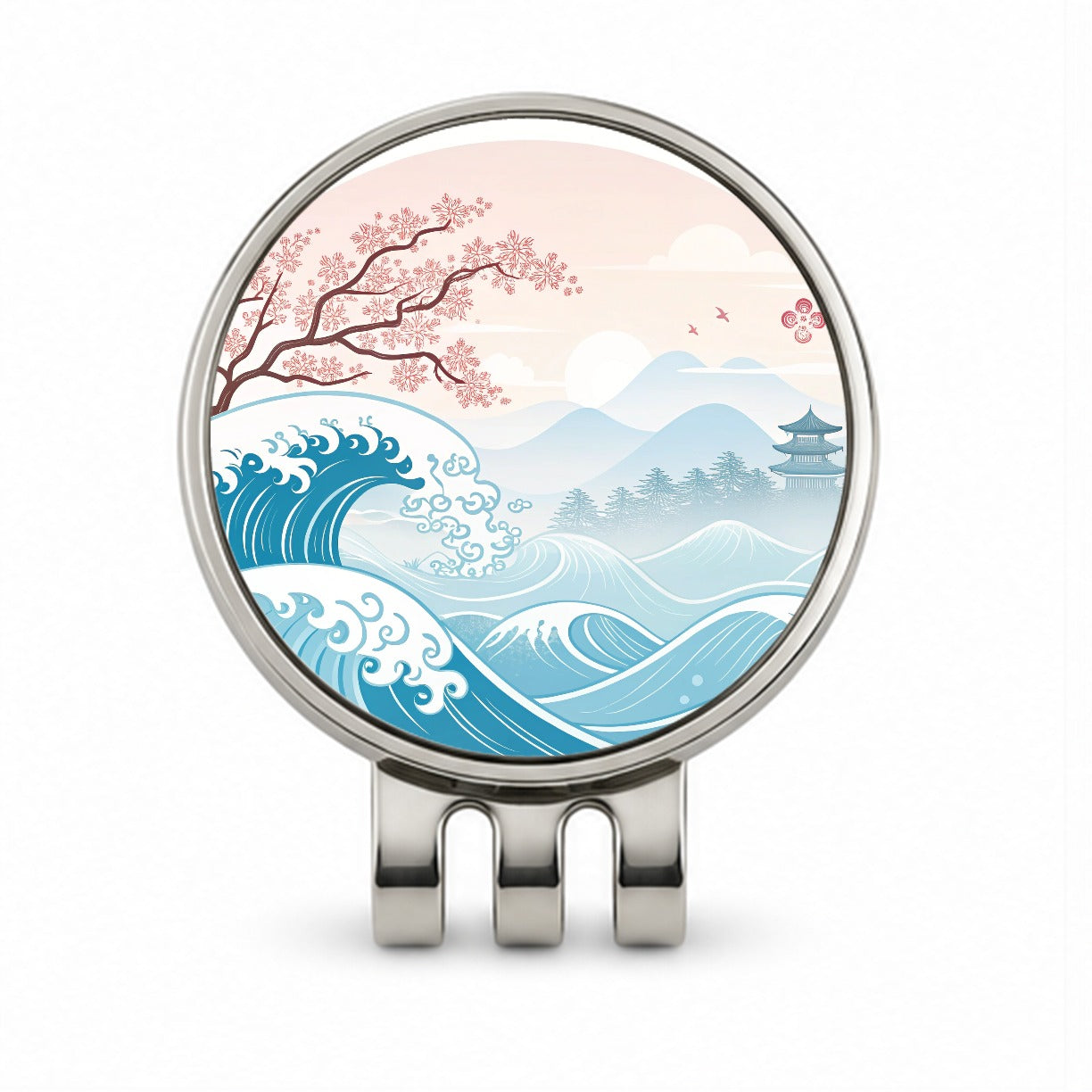 Ocean Waves Japanese Style Cherry Blossoms Golf Hat Clip with Ball Marker