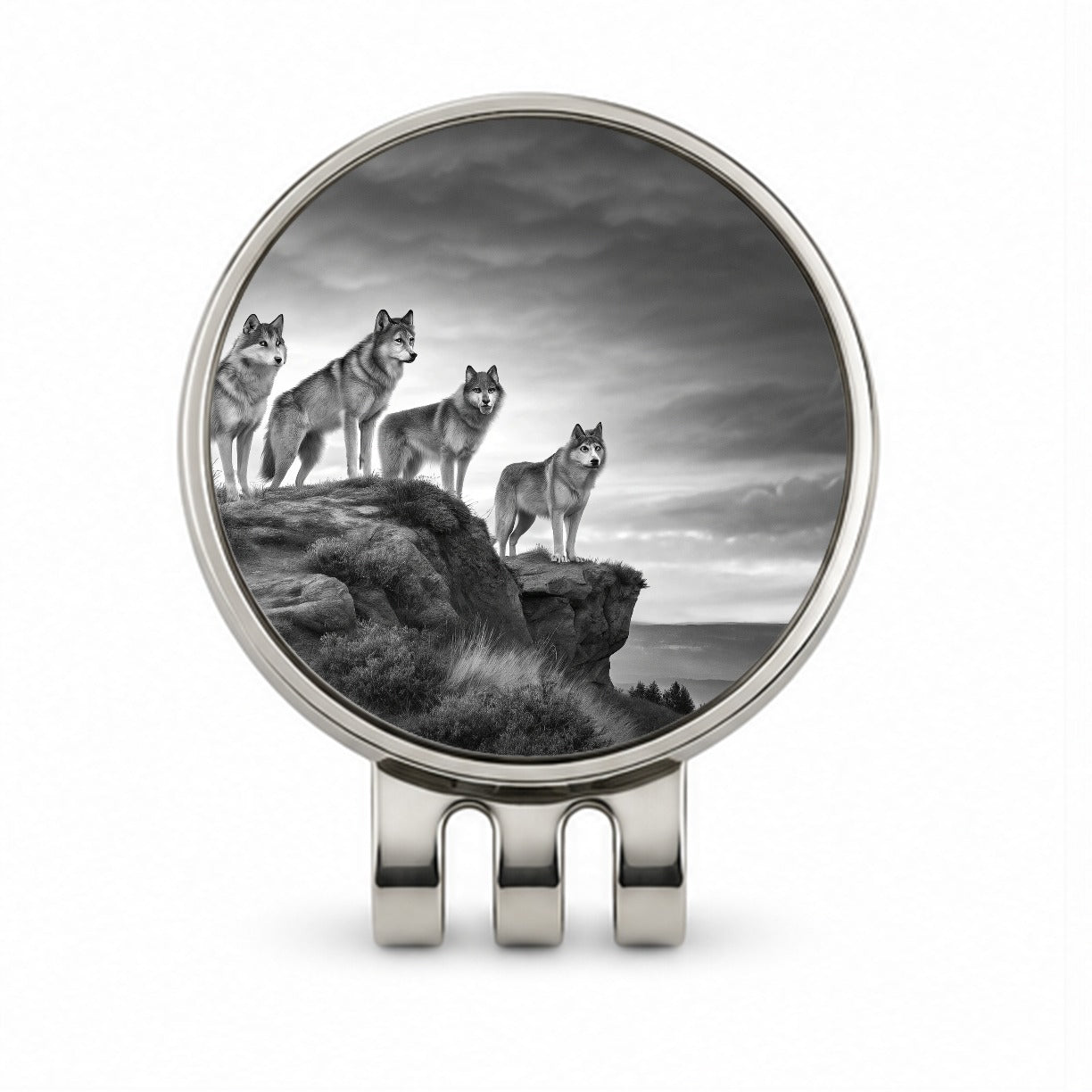 Pack Of Wolves On A Cliff Black White Golf Hat Clip with Ball Marker