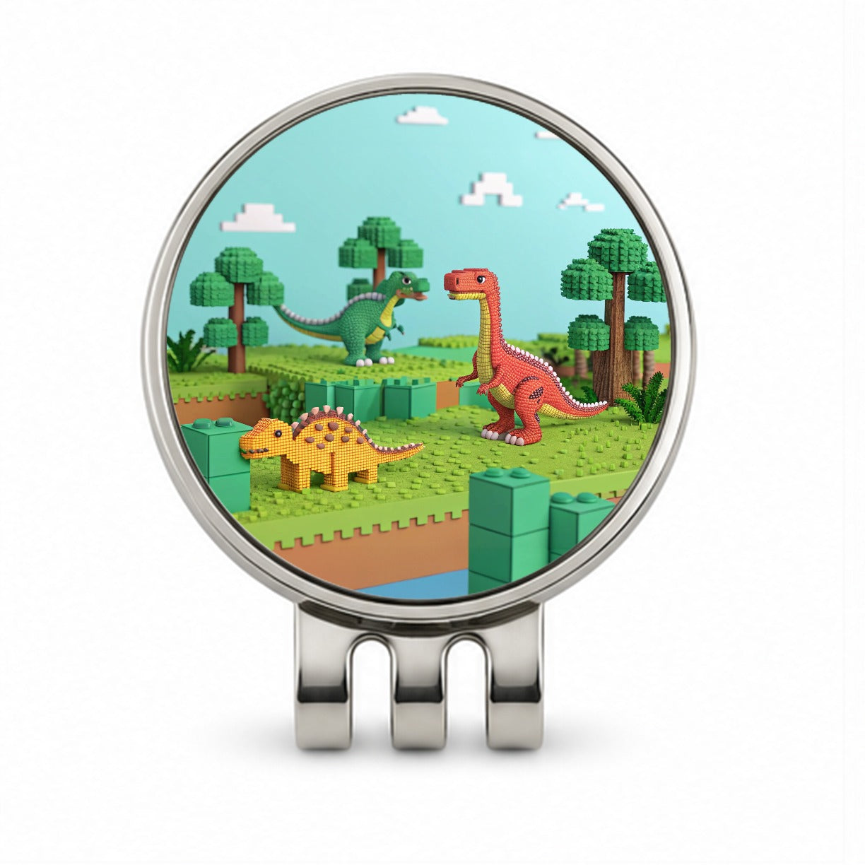 Retro 8 Bit Pixel Art Style Dinosaurs Roaming Golf Hat Clip with Ball Marker