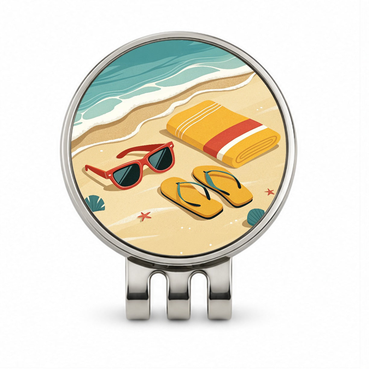 Retro Style Sunglasses Flip Flops Towel On Sandy Beach Golf Hat Clip with Ball Marker