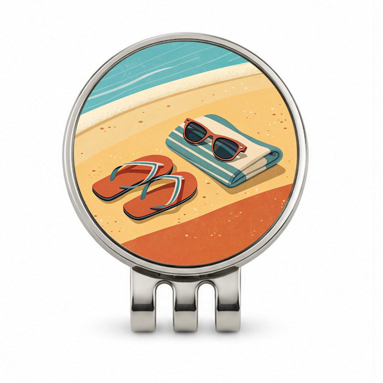 Retro Sunglasses Flip Flops Towel On Sand Beach Ocean Golf Hat Clip with Ball Marker