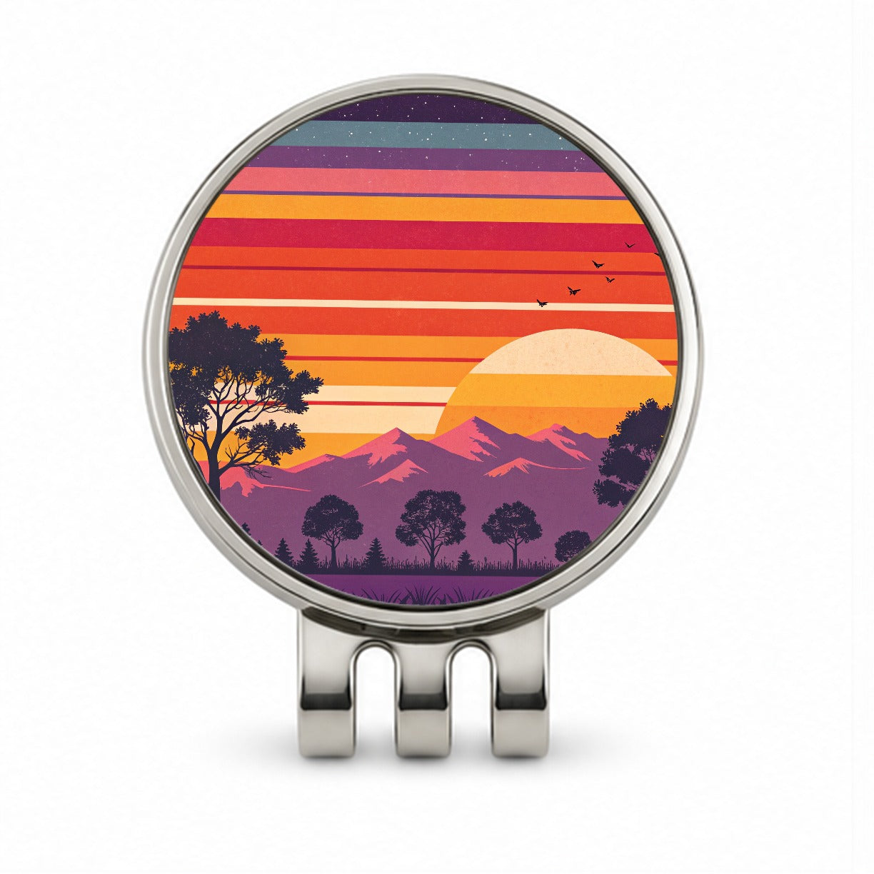 Retro Sunset Stripes Mountains Golf Hat Clip with Ball Marker