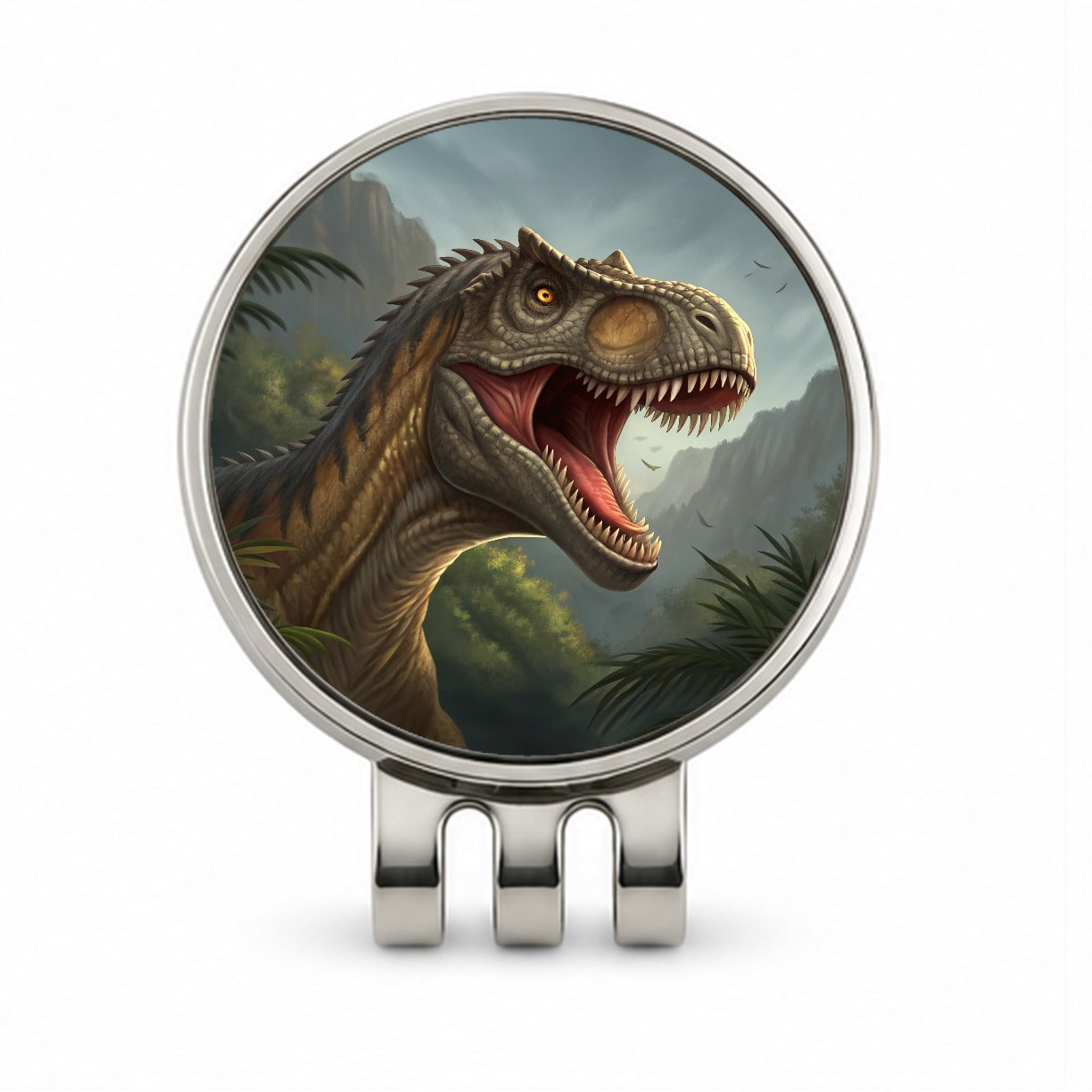 Roaring Allosaurus Dinosaur Mountains Golf Hat Clip with Ball Marker