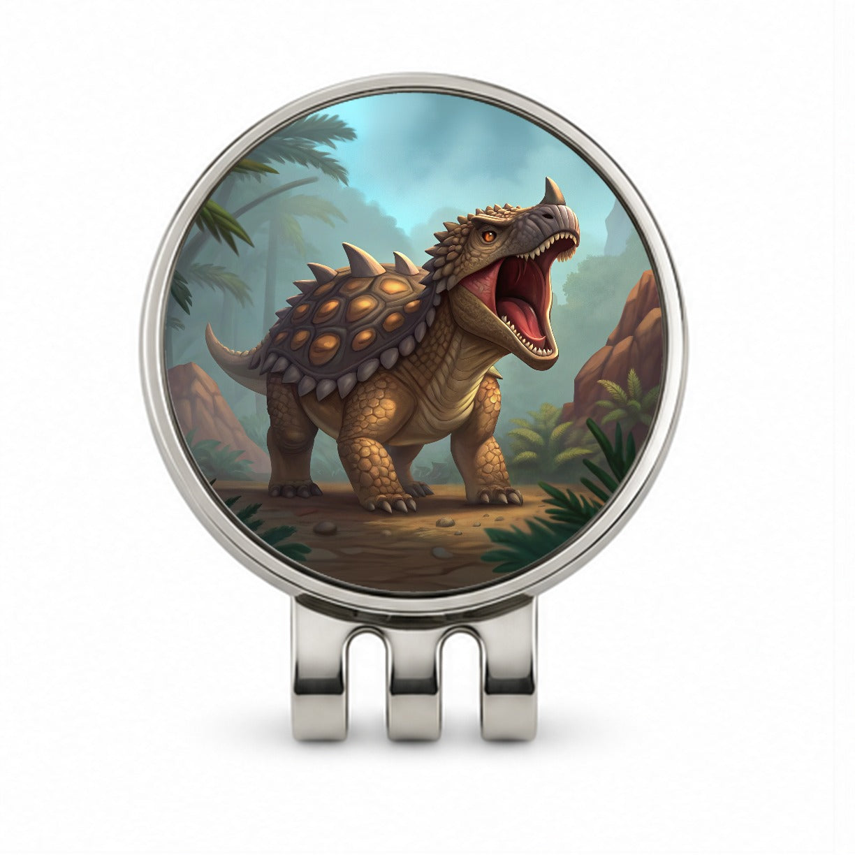Roaring Ankylosaurus Dinosaur Mountains Golf Hat Clip with Ball Marker