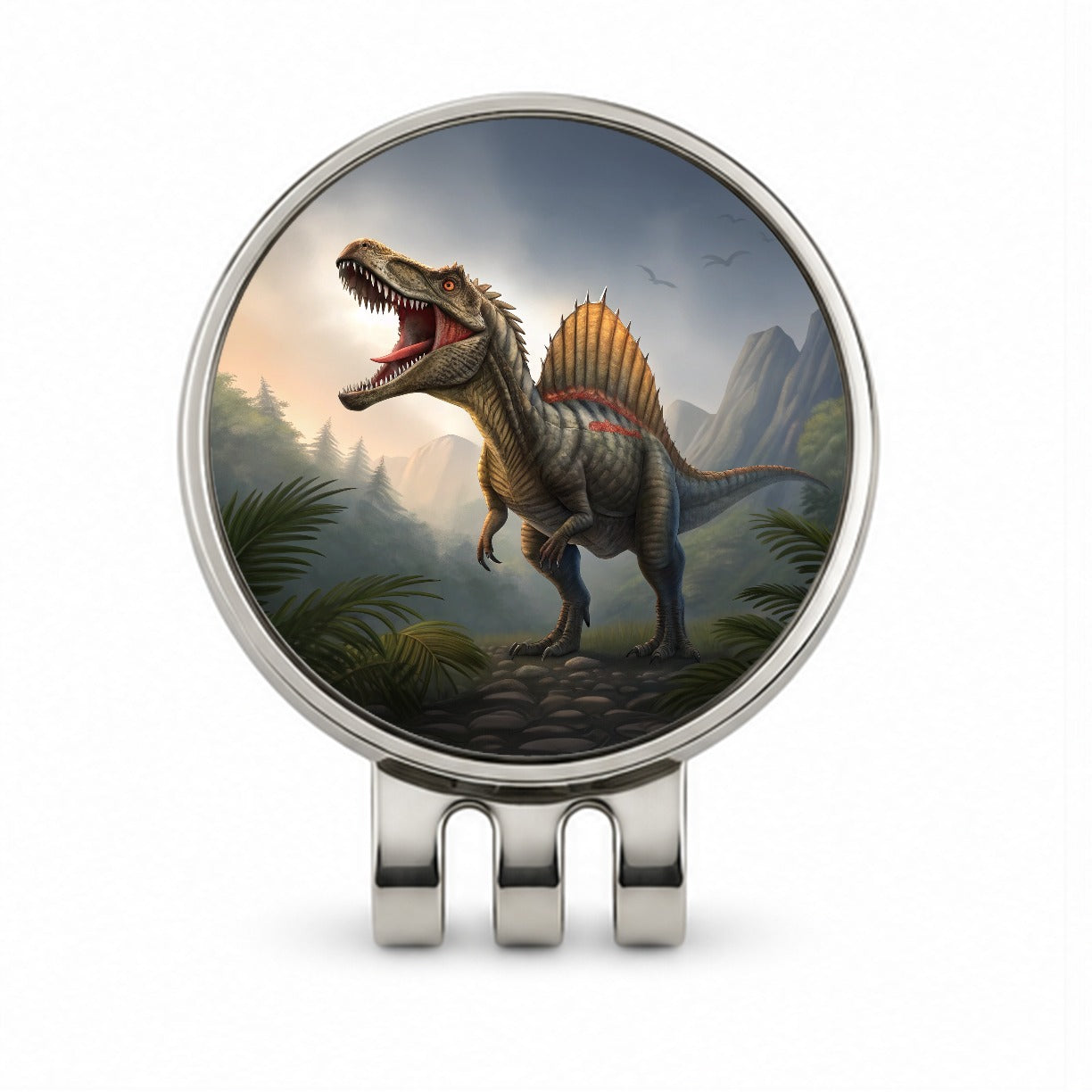 Roaring Spinosaurus Dinosaur Mountains Golf Hat Clip with Ball Marker