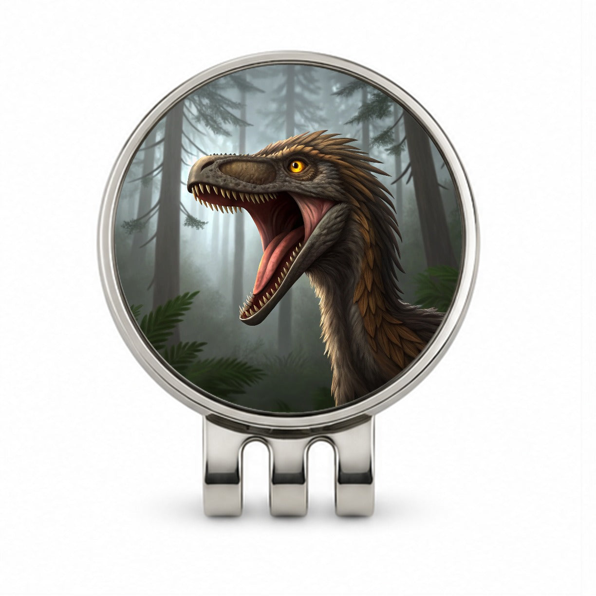 Roaring Troodon Dinosaur Forest Golf Hat Clip with Ball Marker