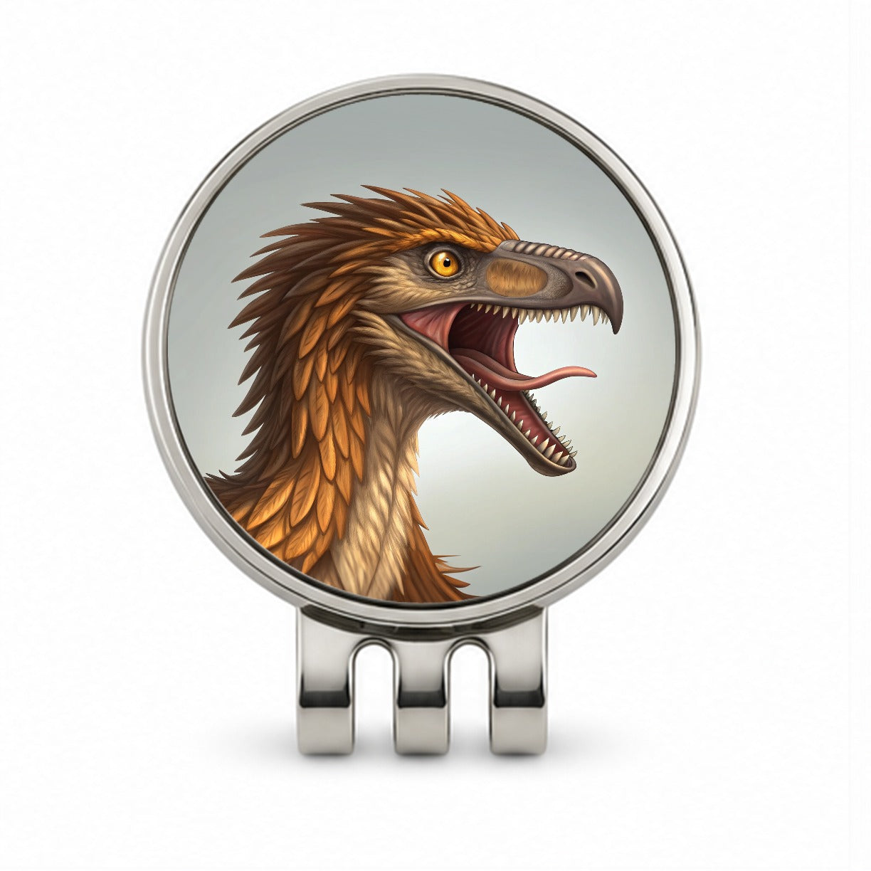 Roaring Troodon Dinosaur Golf Hat Clip with Ball Marker