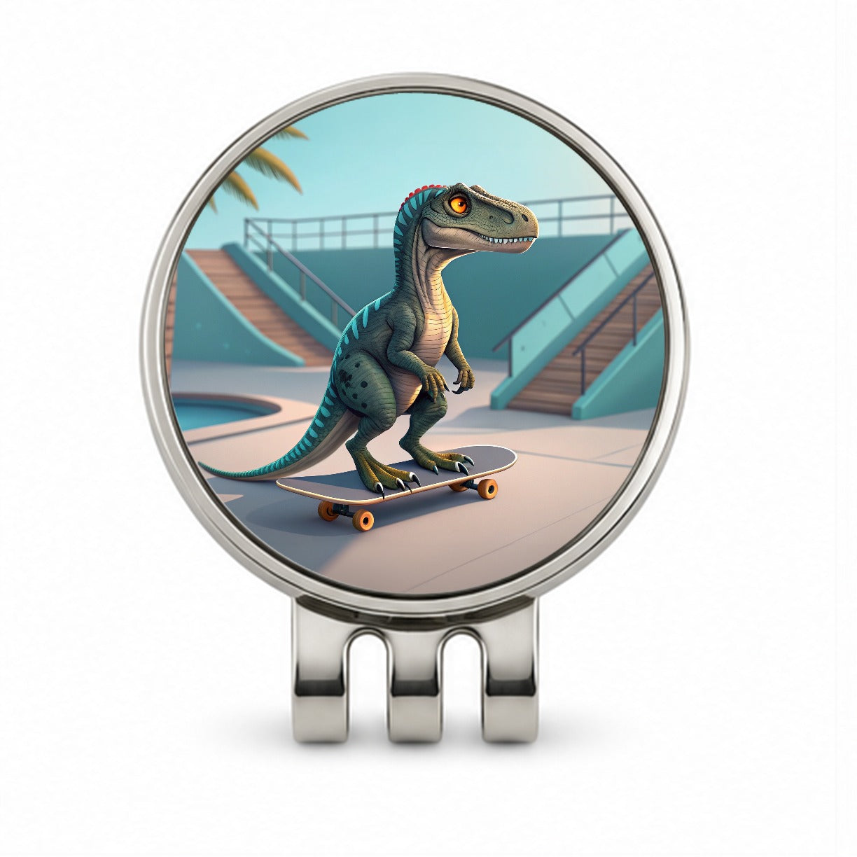 Skateboarding Raptor Dinosaur Funny Golf Hat Clip with Ball Marker