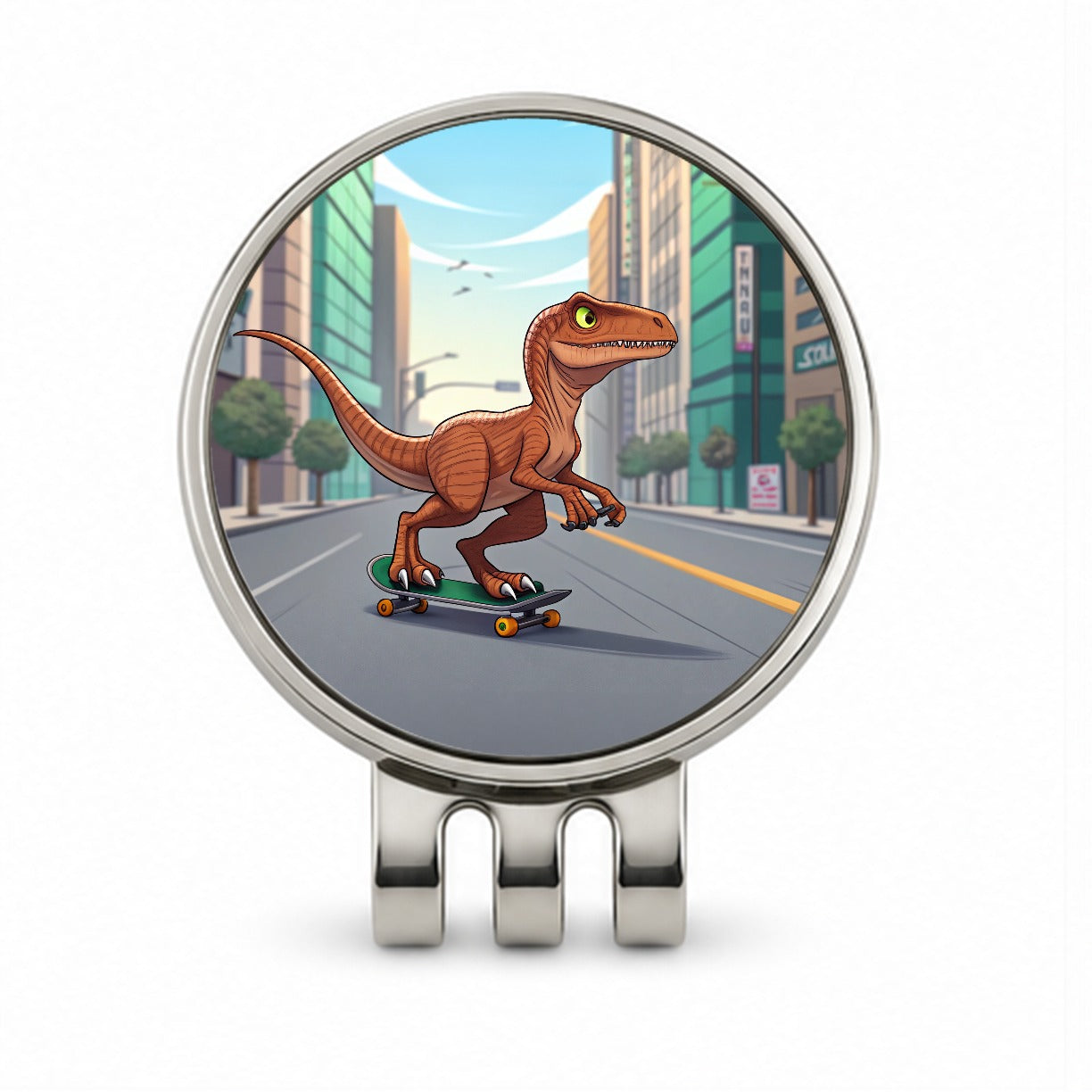 Skateboarding Raptor Dinosaur Golf Hat Clip with Ball Marker