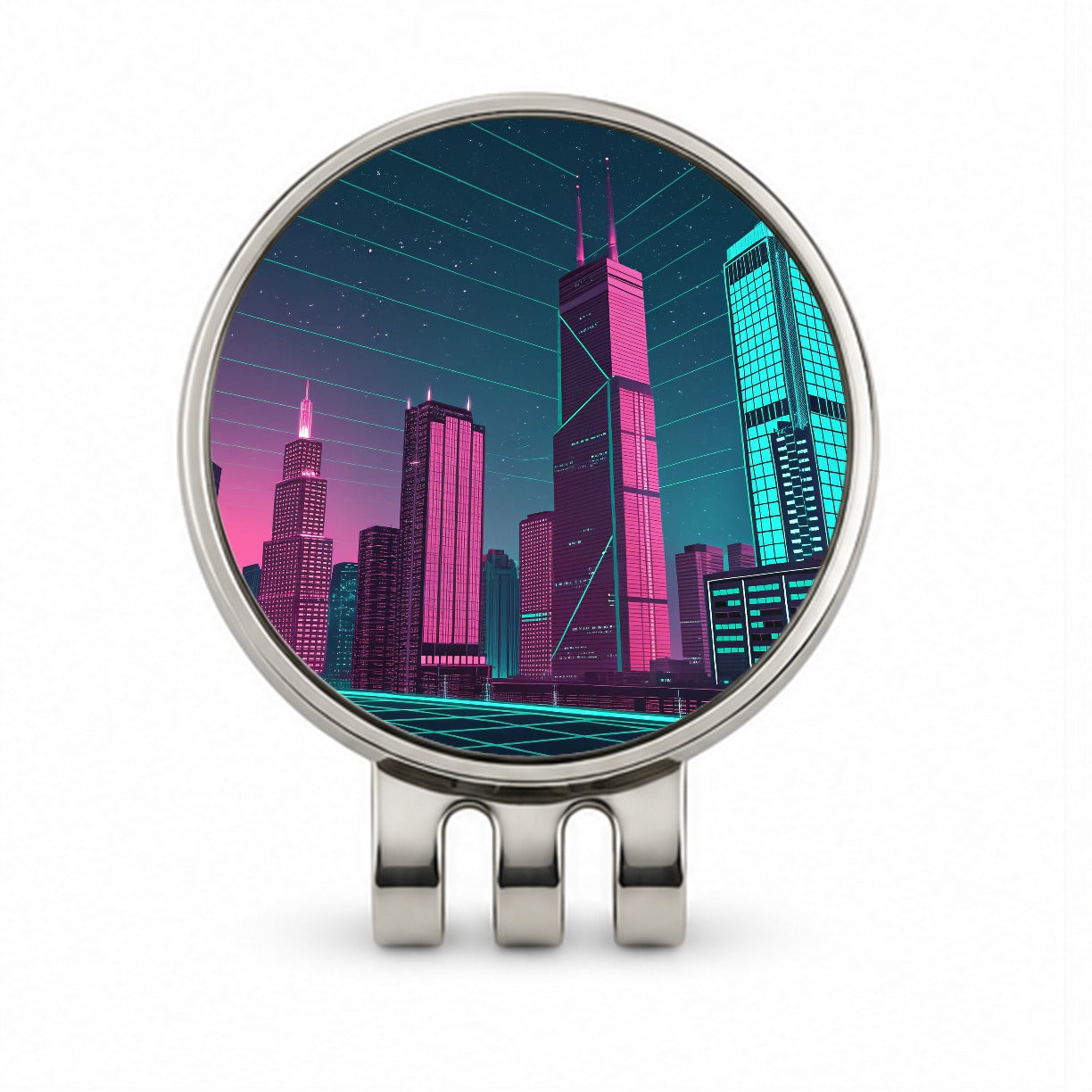 Skyscrapers Lit Pink Teal Glitch Effects Golf Hat Clip with Ball Marker