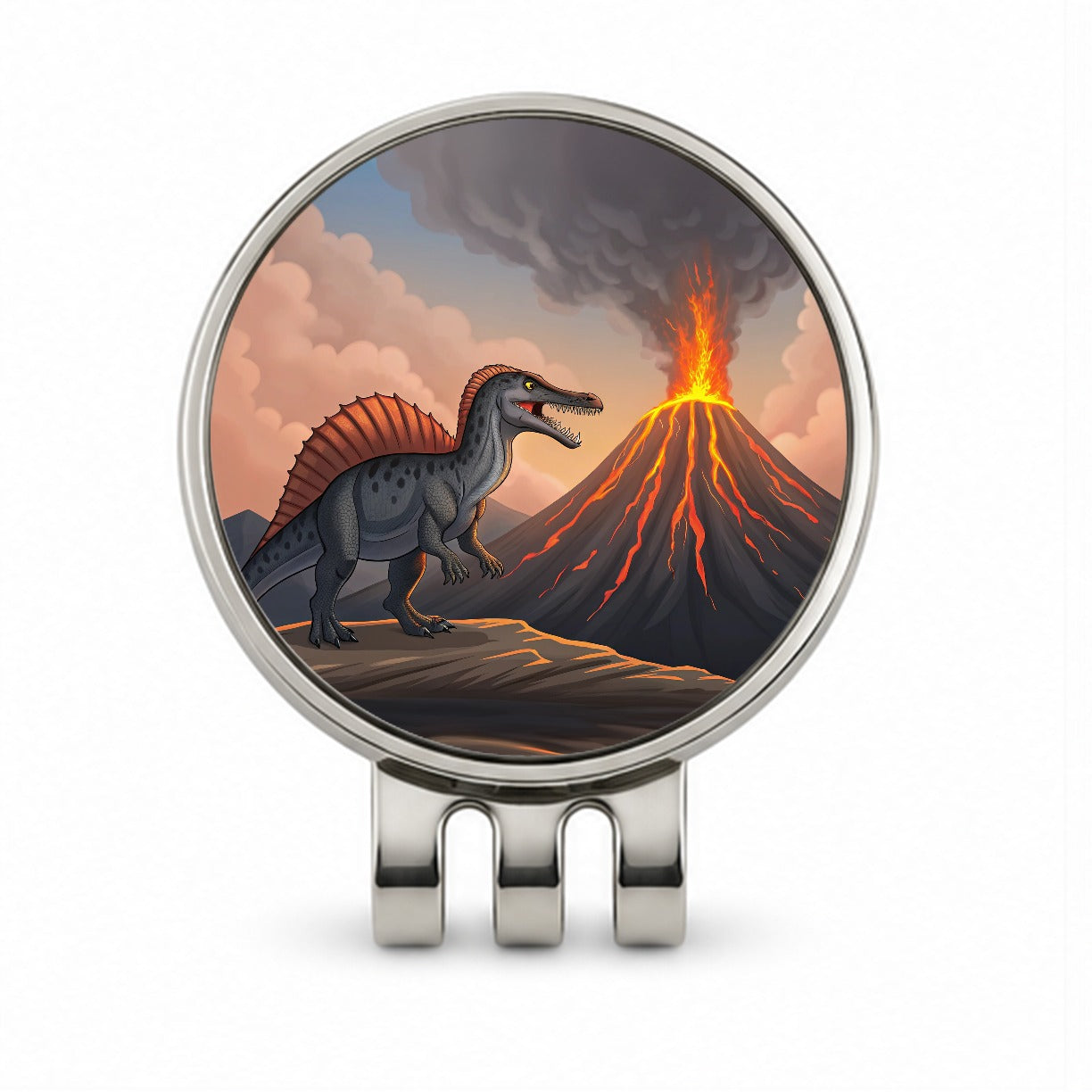 Spinosaurus Volcano Erupting Dinosaur Golf Hat Clip with Ball Marker