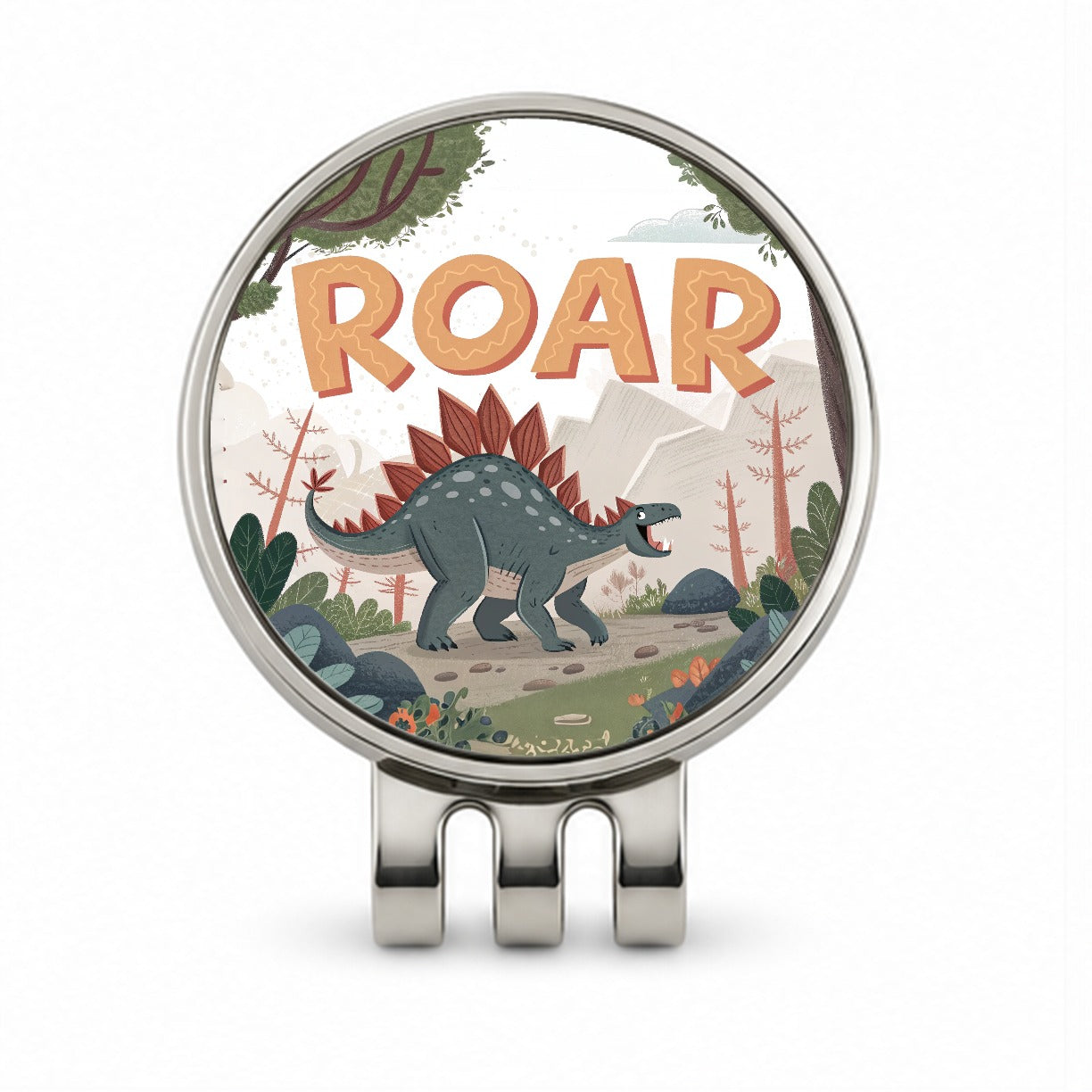 Stegosaurus With Roar Bold Text Dinosaur Golf Hat Clip with Ball Marker