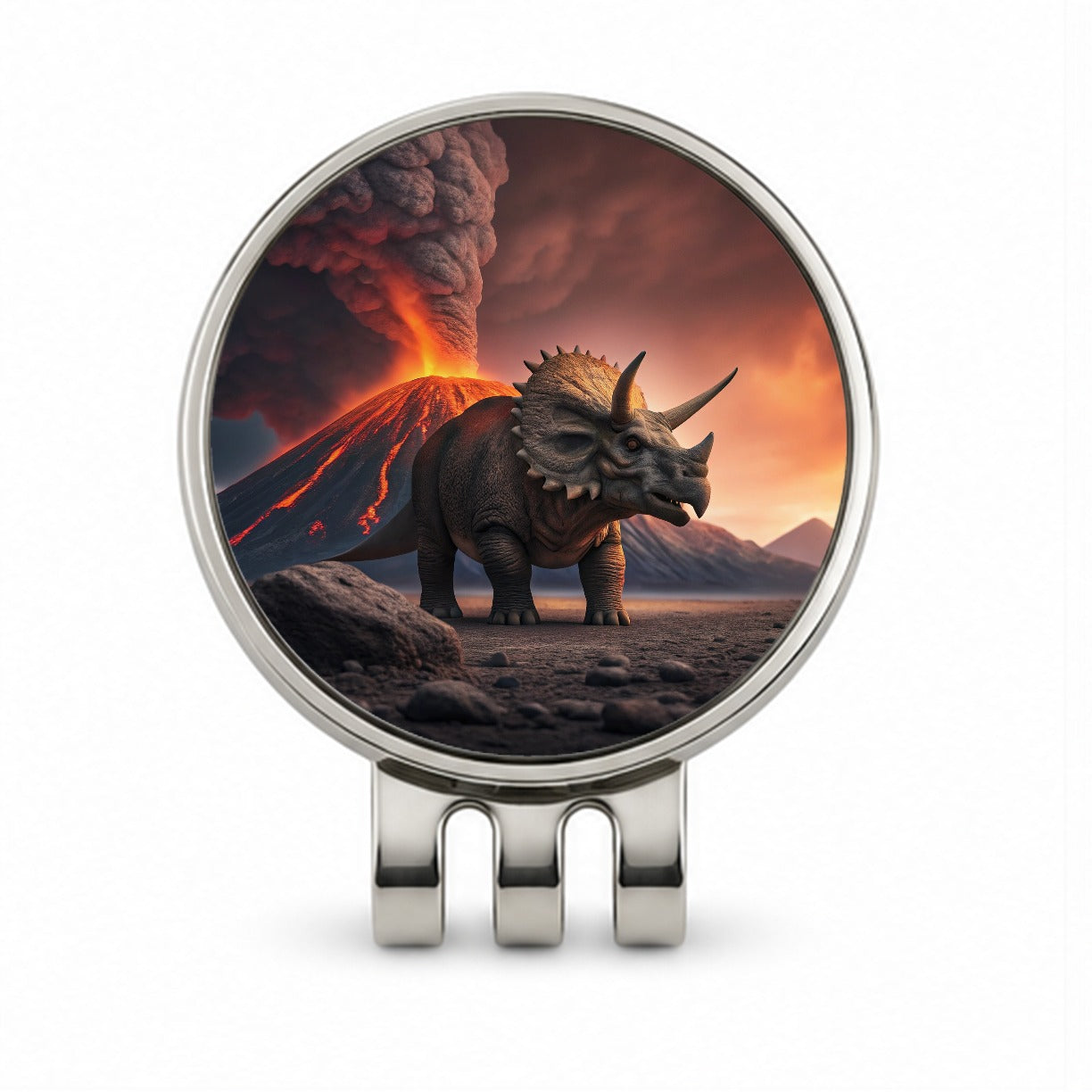 Triceratops Volcano Erupting Dinosaur Golf Hat Clip with Ball Marker