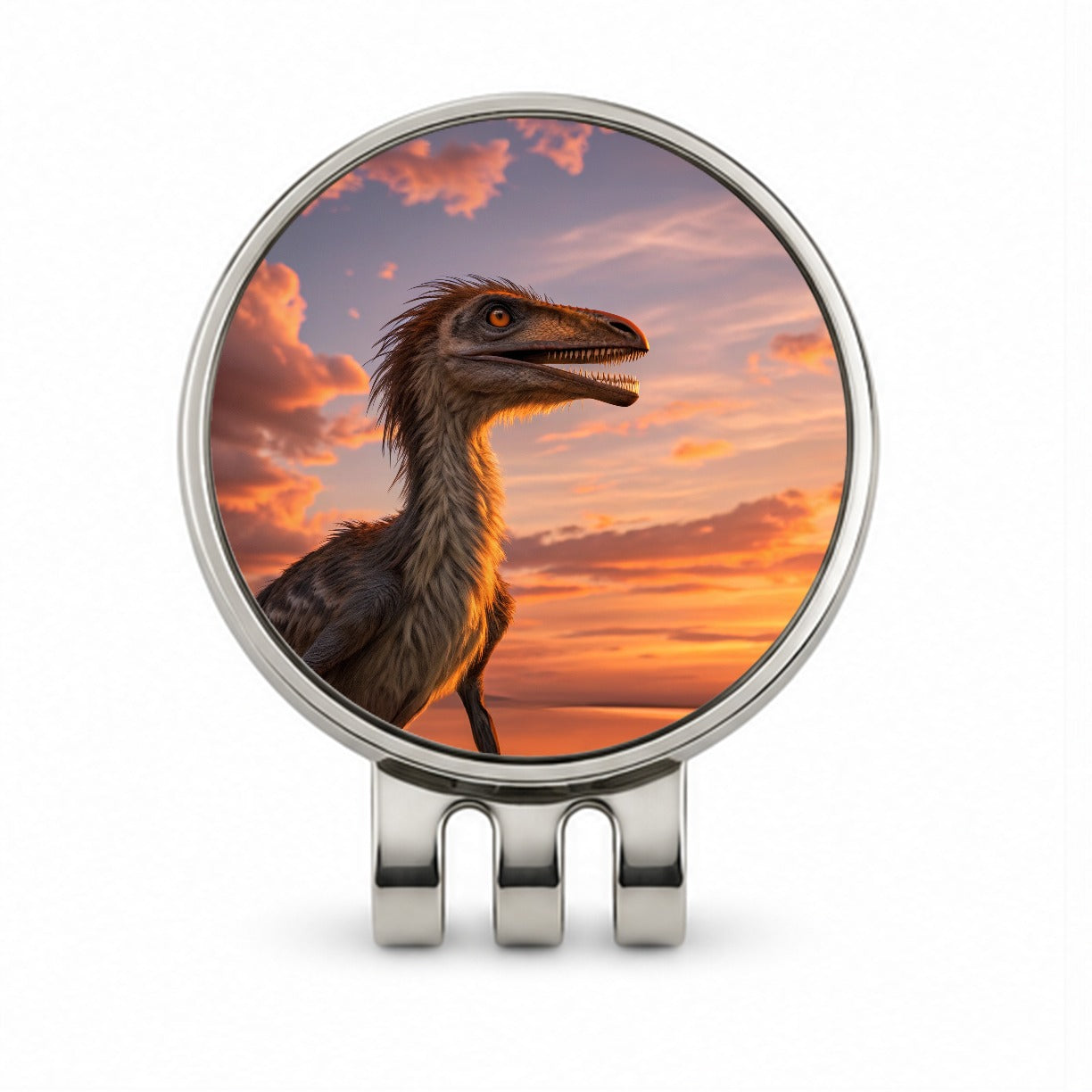 Troodon Sunset Dinosaur Golf Hat Clip with Ball Marker