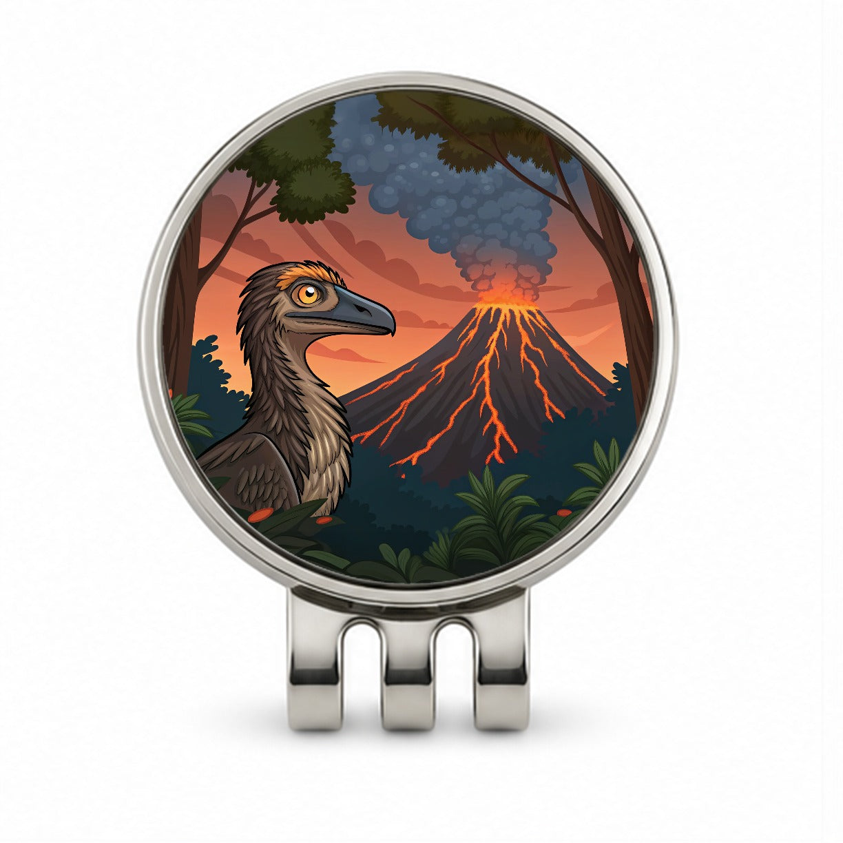 Troodon Volcano Dinosaur Golf Hat Clip with Ball Marker