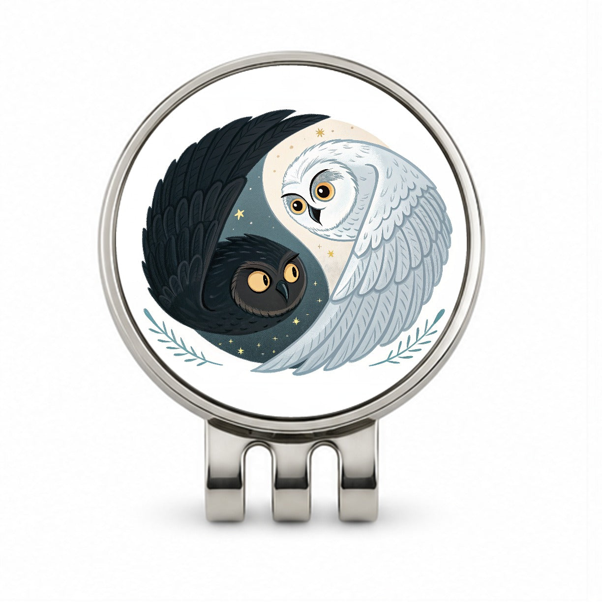 Two Owls Yin Yang Black White Golf Hat Clip with Ball Marker