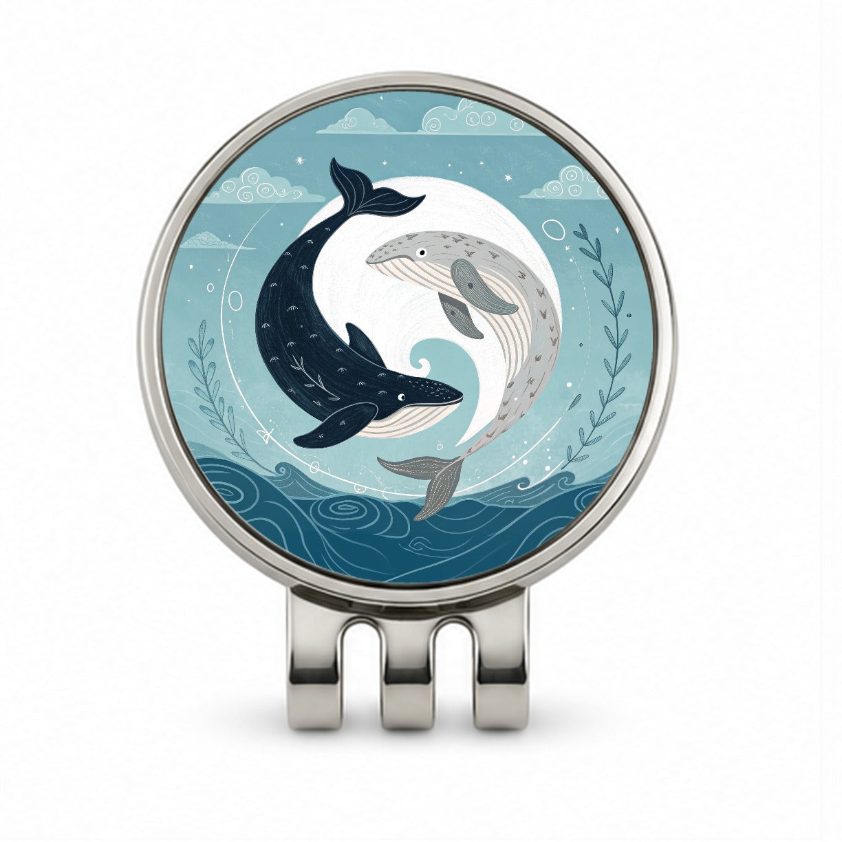 Two Whales Yin Yang Ocean Sky Golf Hat Clip with Ball Marker