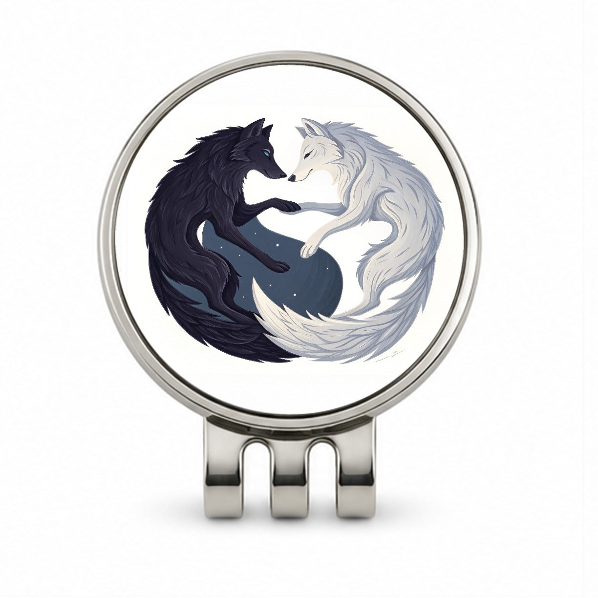 Two Wolves Yin Yang Black White Golf Hat Clip with Ball Marker