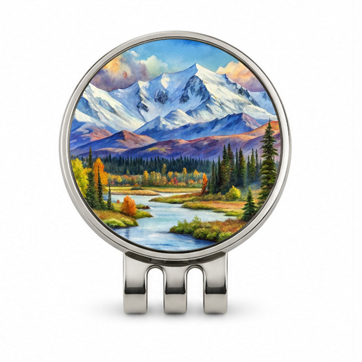 Denali National Park Alaska Watercolor Style Golf Hat Clip with Ball Marker