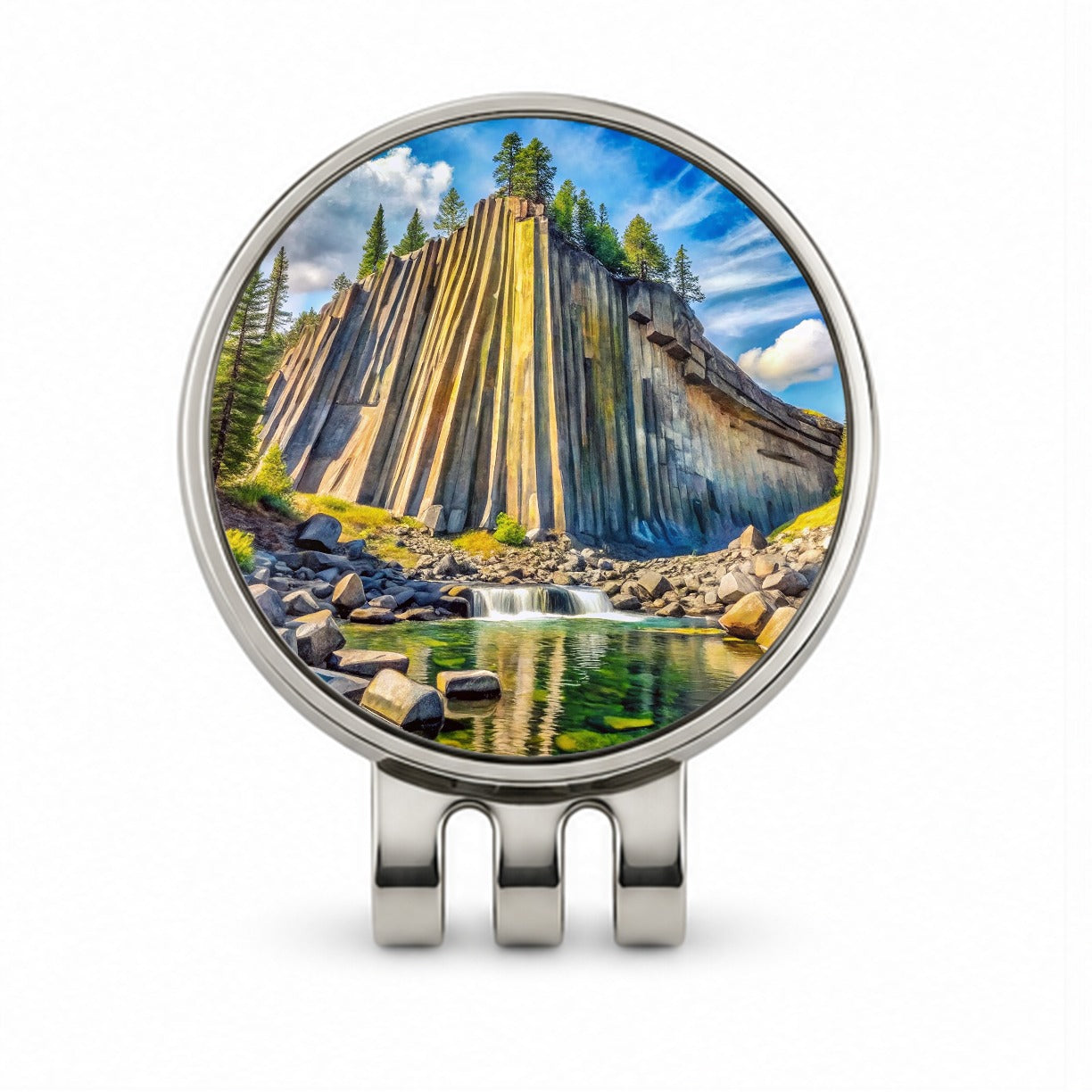 Devils Postpile National Monument California Watercolor Style Golf Hat Clip with Ball Marker