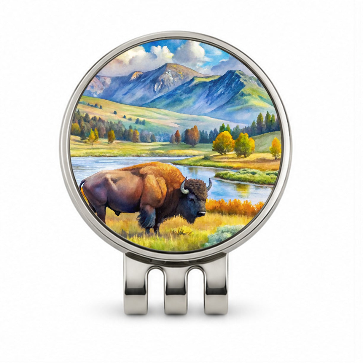 Yellowstone National Park Lamar Valley Watercolor Style Golf Hat Clip with Ball Marker
