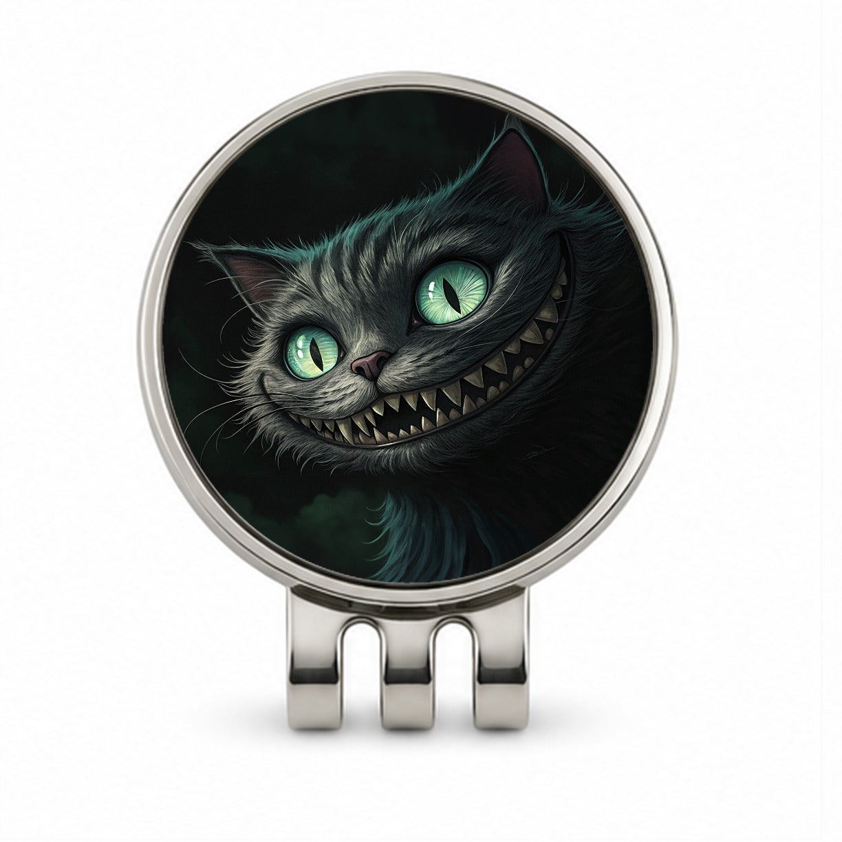 Evil Cheshire Cat Grinning On Black Golf Hat Clip with Ball Marker