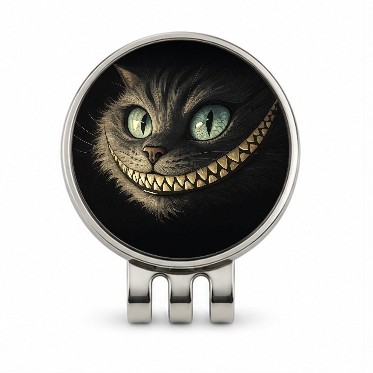 Funny Cheshire Cat Grin on Black Golf Hat Clip with Ball Marker