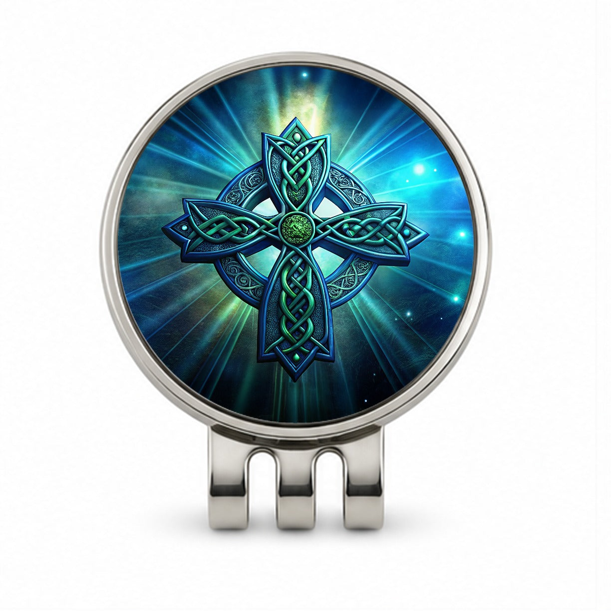 Irish Celtic Christian Cross Blue Green Golf Hat Clip with Ball Marker