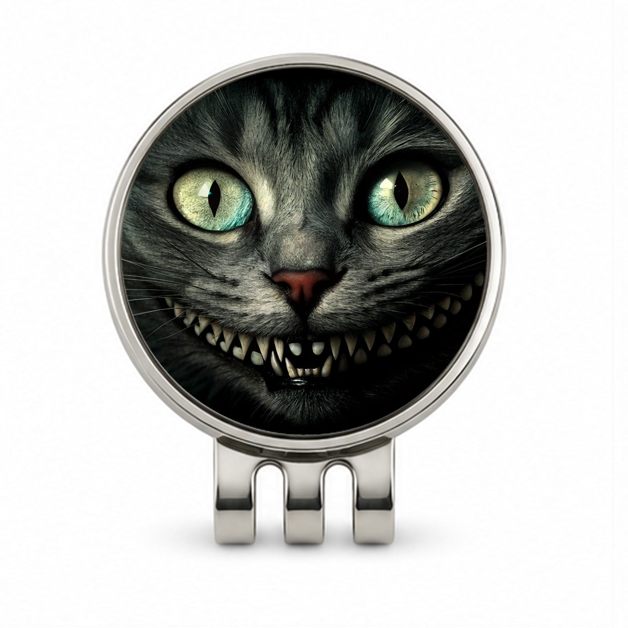Mischievous Cheshire Cat Grin on Black Golf Hat Clip with Ball Marker