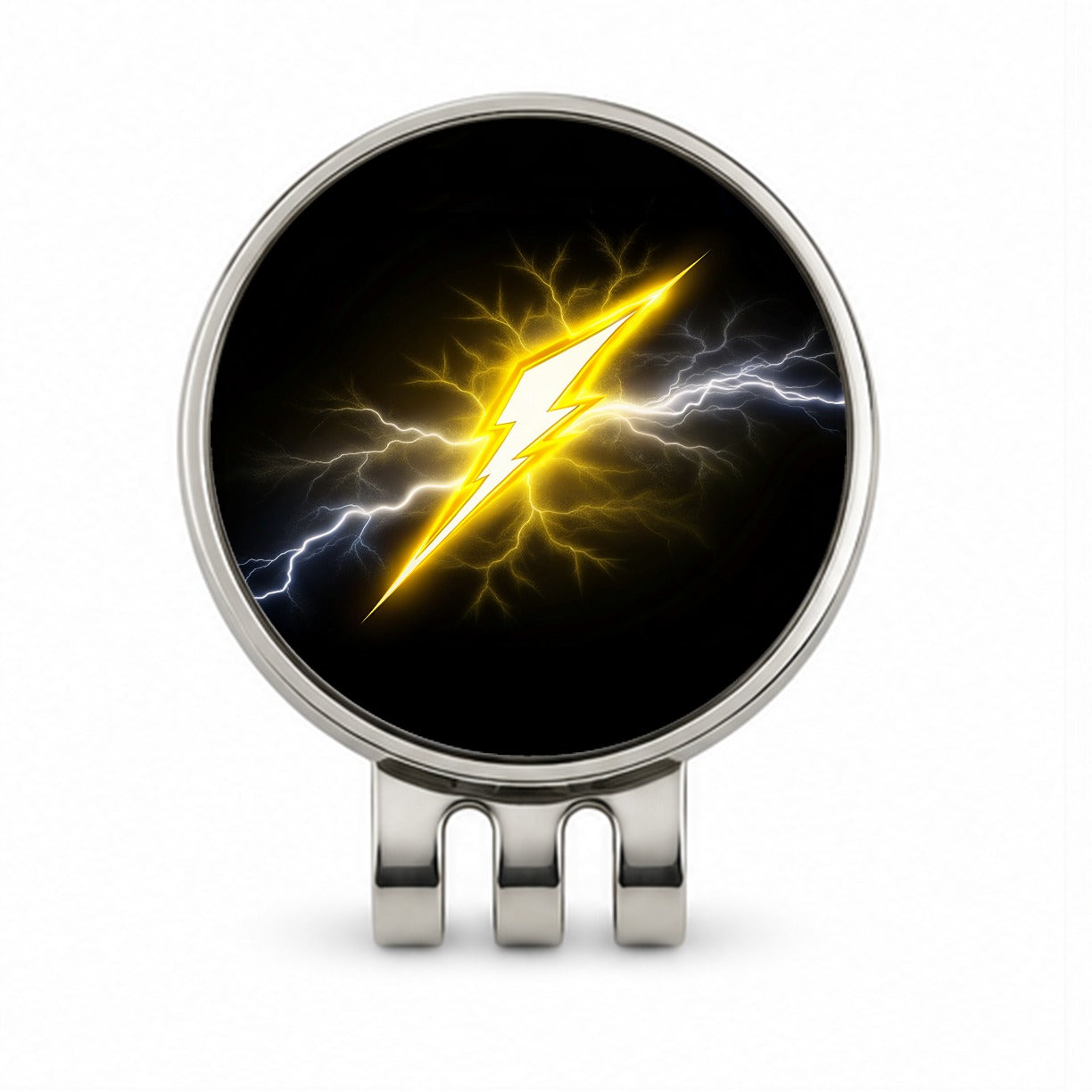 Yellow and White Lightning Bolt On Black Golf Hat Clip with Ball Marker