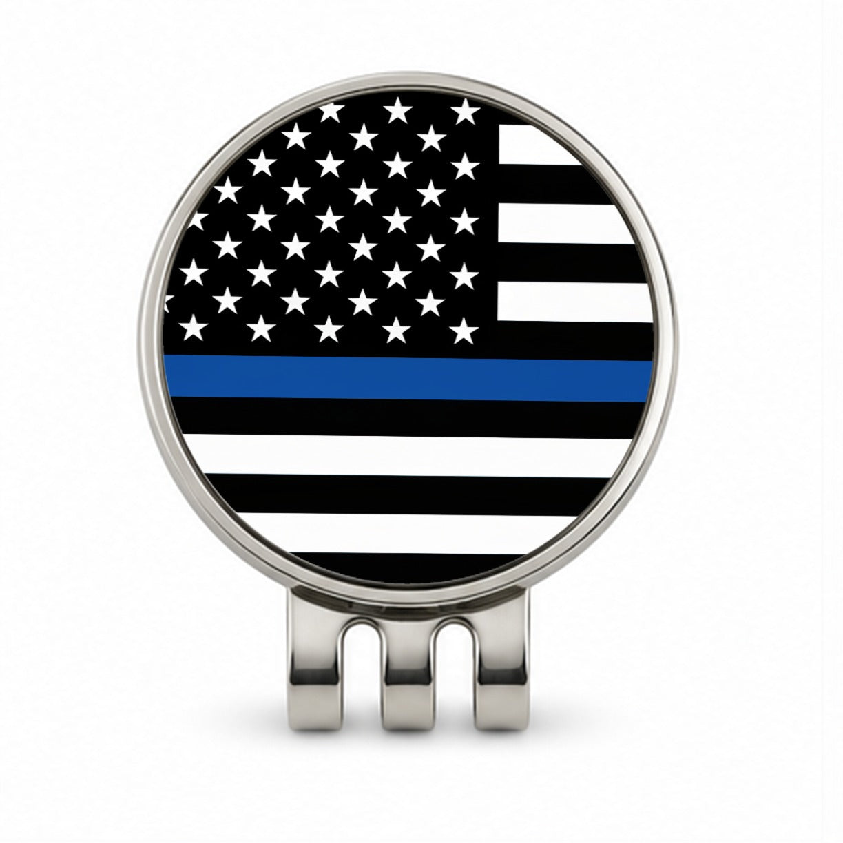 Black and White Thin Blue Line Police American Flag Golf Hat Clip with Ball Marker