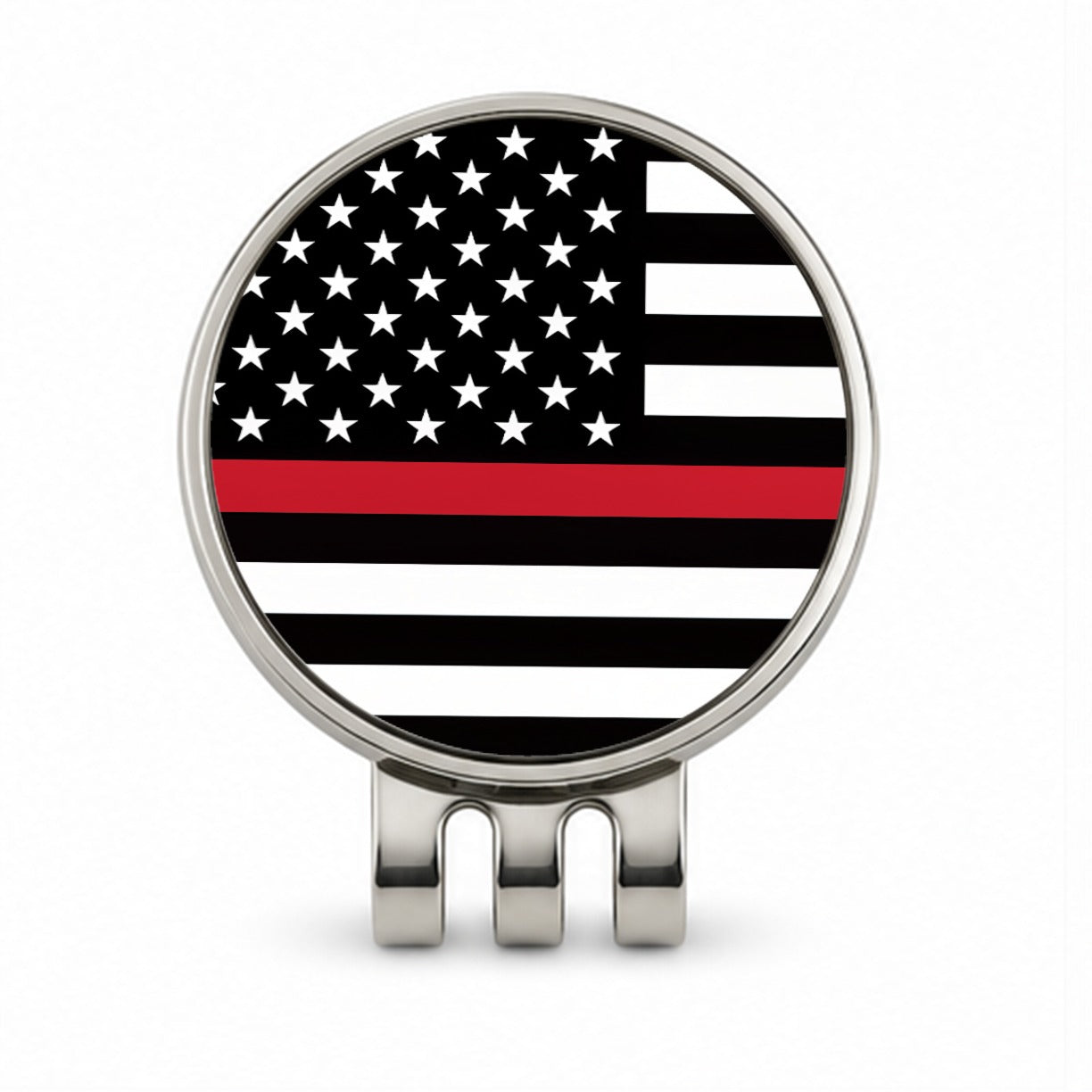 Black and White Thin Red Line Firefighter American Flag Golf Hat Clip with Ball Marker