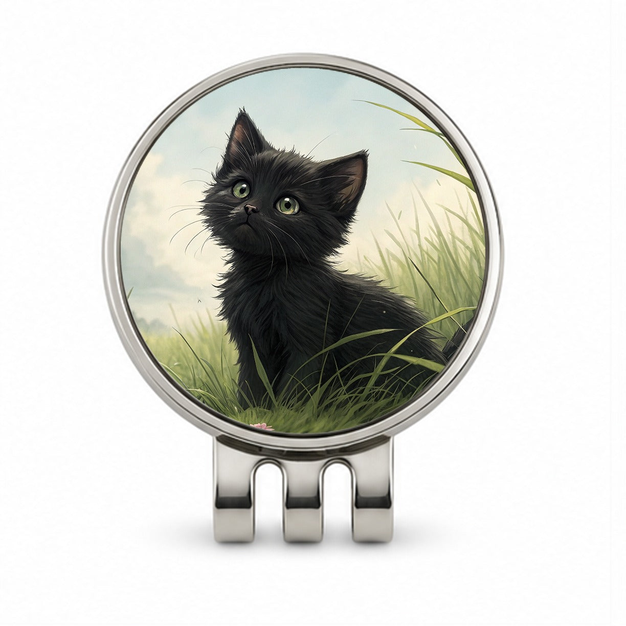 Black Kitten Cat in Field Golf Hat Clip with Ball Marker