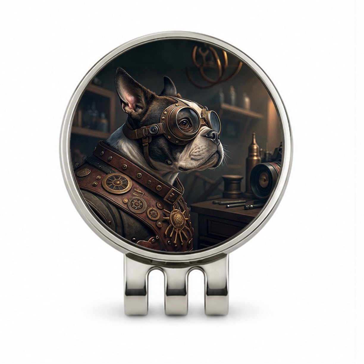 Boston Terrier Dog Steampunk Golf Hat Clip with Ball Marker