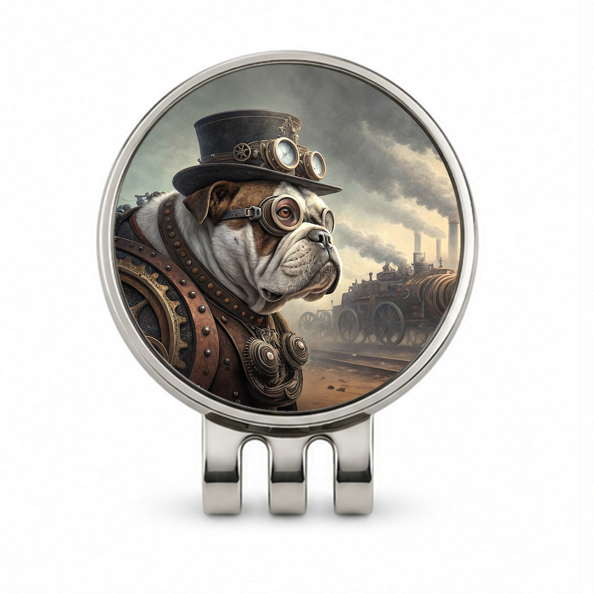 Bulldog Dog Steampunk Golf Hat Clip with Ball Marker