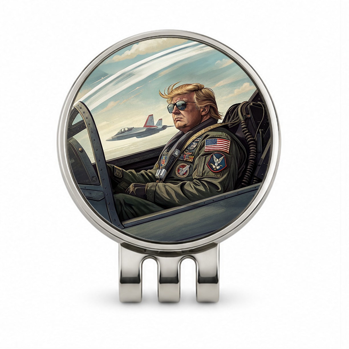 Donald Trump In Jet Fighter Funny Patriotic Golf Hat Clip with Ball Marker