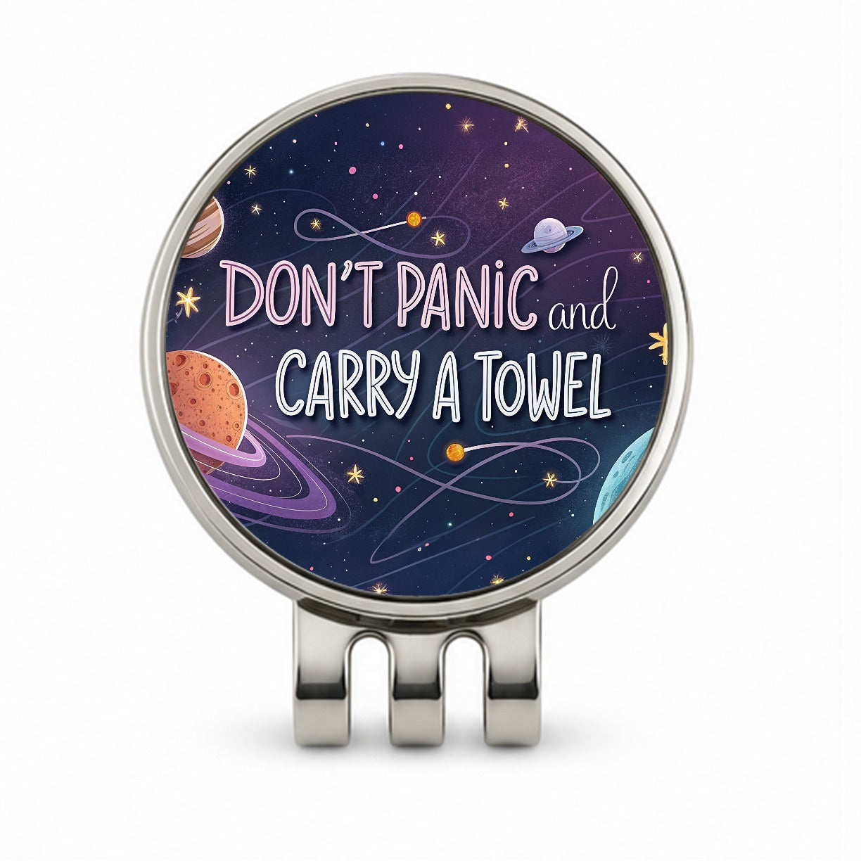 Don't Panic And Carry A Towel Funny Sci-Fi Golf Hat Clip with Ball Marker