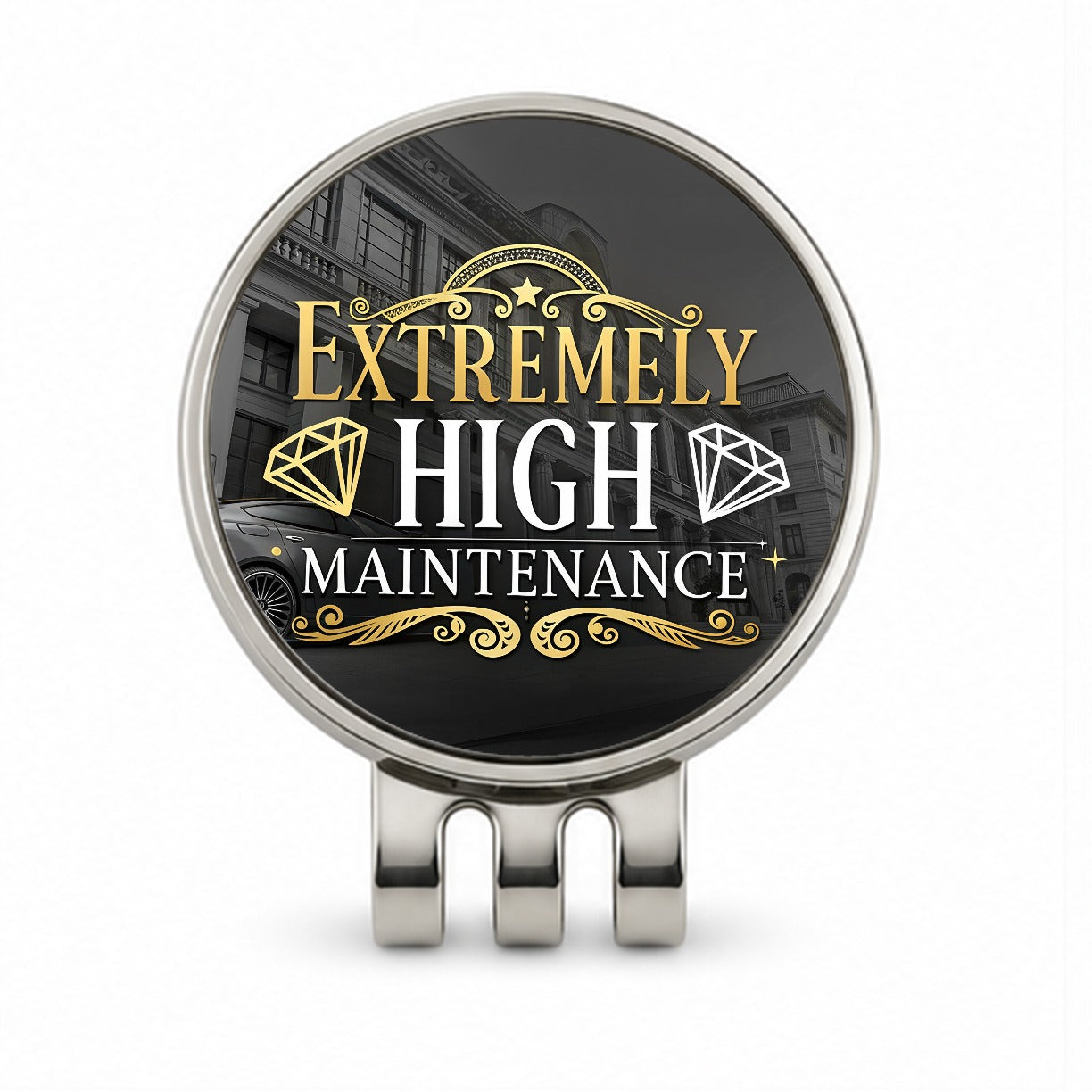 Extremely High Maintenance Funny Gold Diamonds Golf Hat Clip with Ball Marker