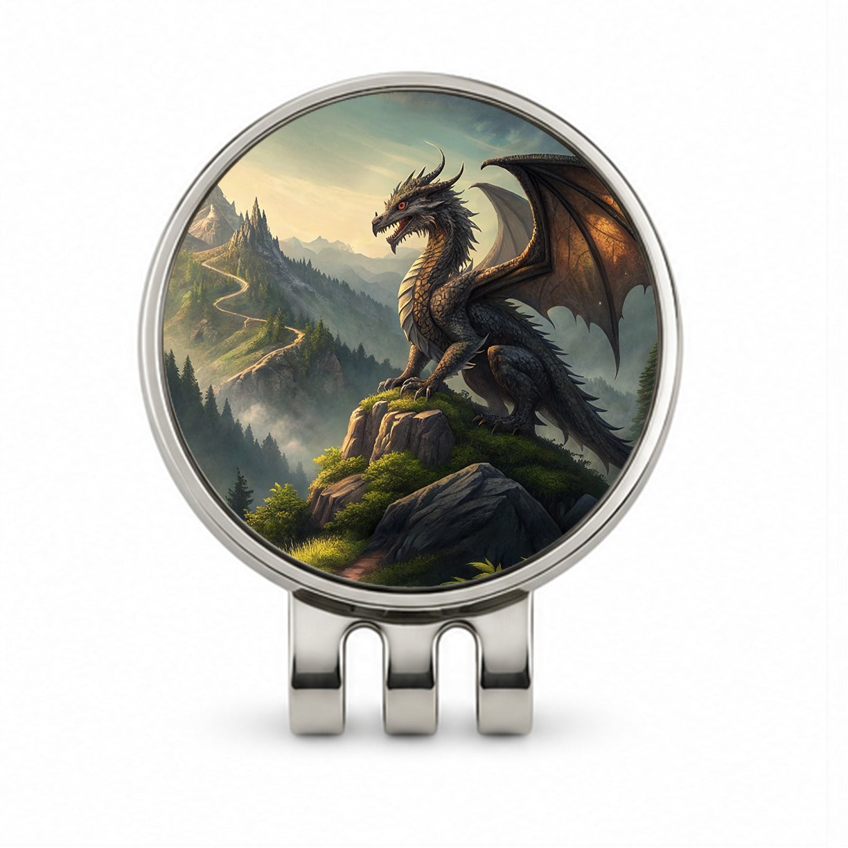Fantasy Dragon on Mountain Illustration Golf Hat Clip with Ball Marker