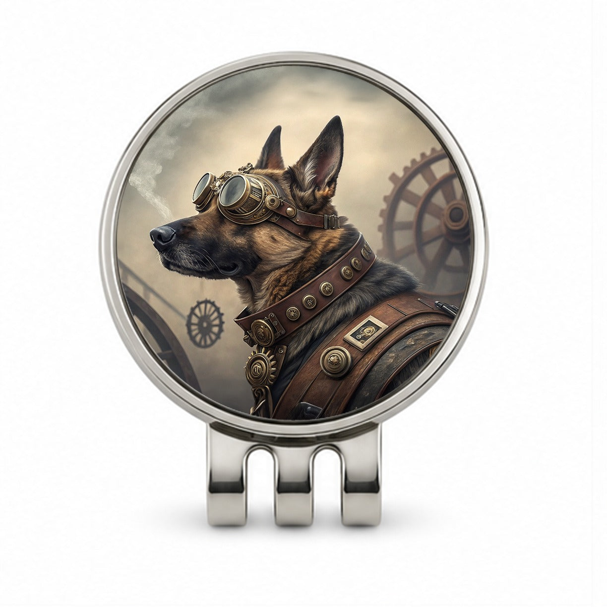 German Shepherd Dog Steampunk Golf Hat Clip with Ball Marker