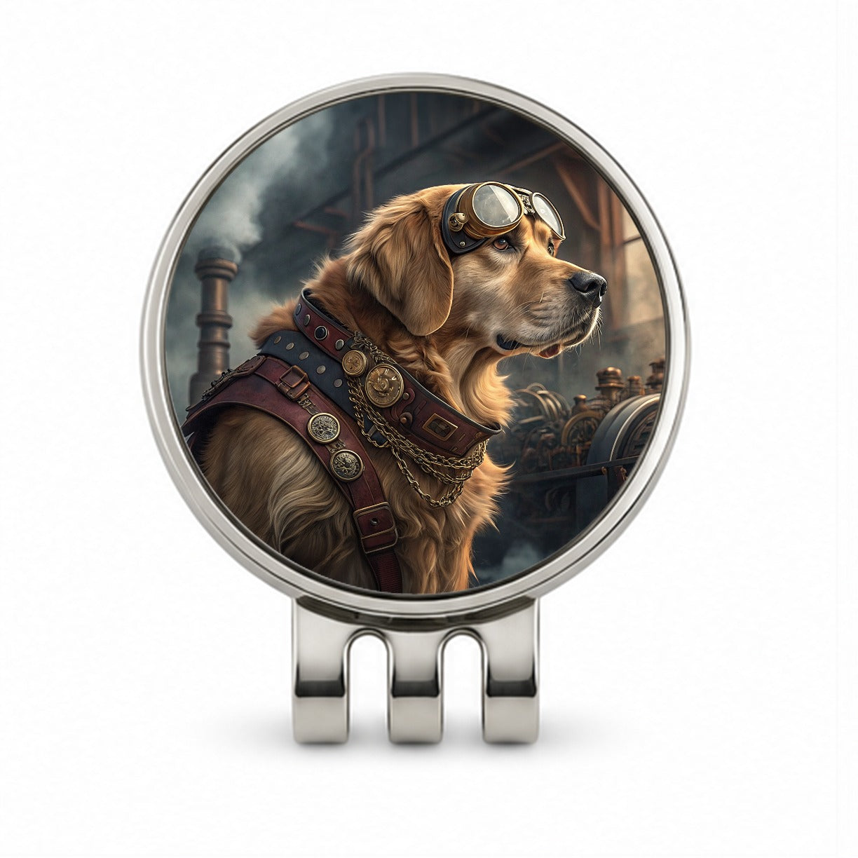 Golden Retriever Dog Steampunk Golf Hat Clip with Ball Marker