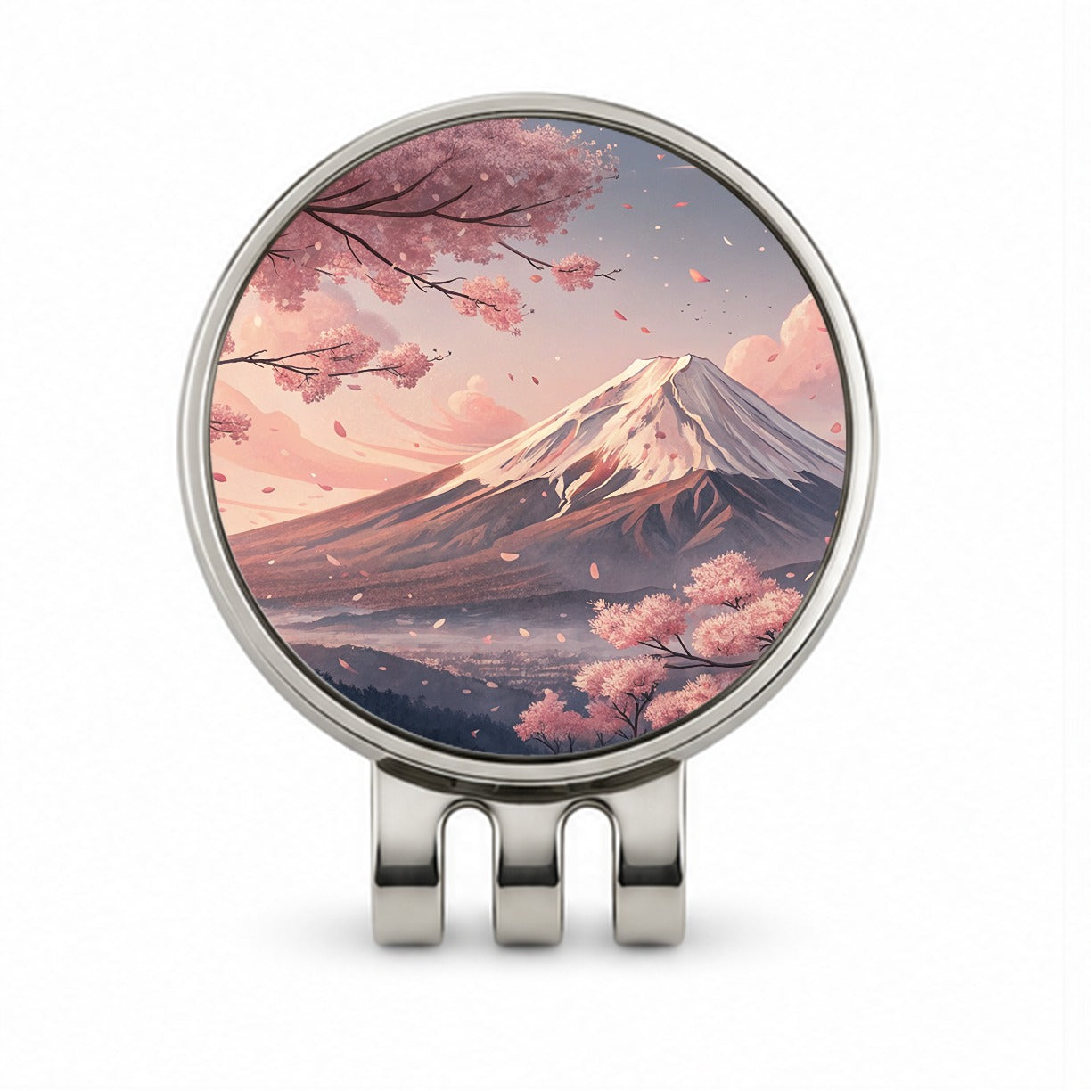 Mount Fuji Blooming Sakura Trees Japanese Illustration Golf Hat Clip with Ball Marker
