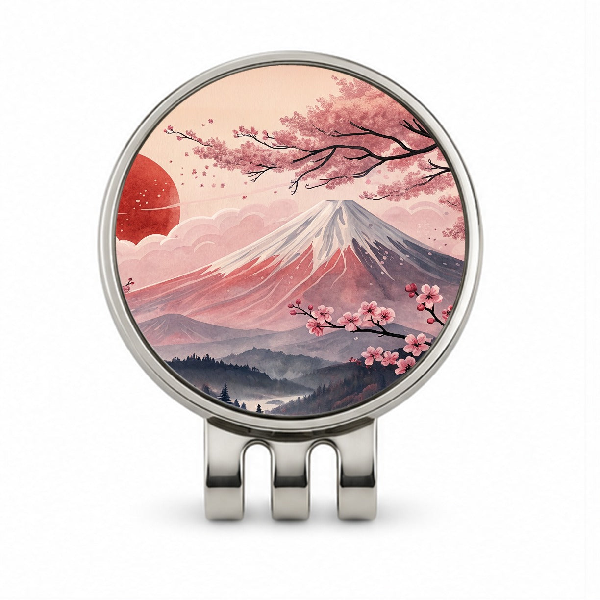 Mount Fuji With Cherry Blossoms Rising Sun Japanese Illustration Golf Hat Clip with Ball Marker