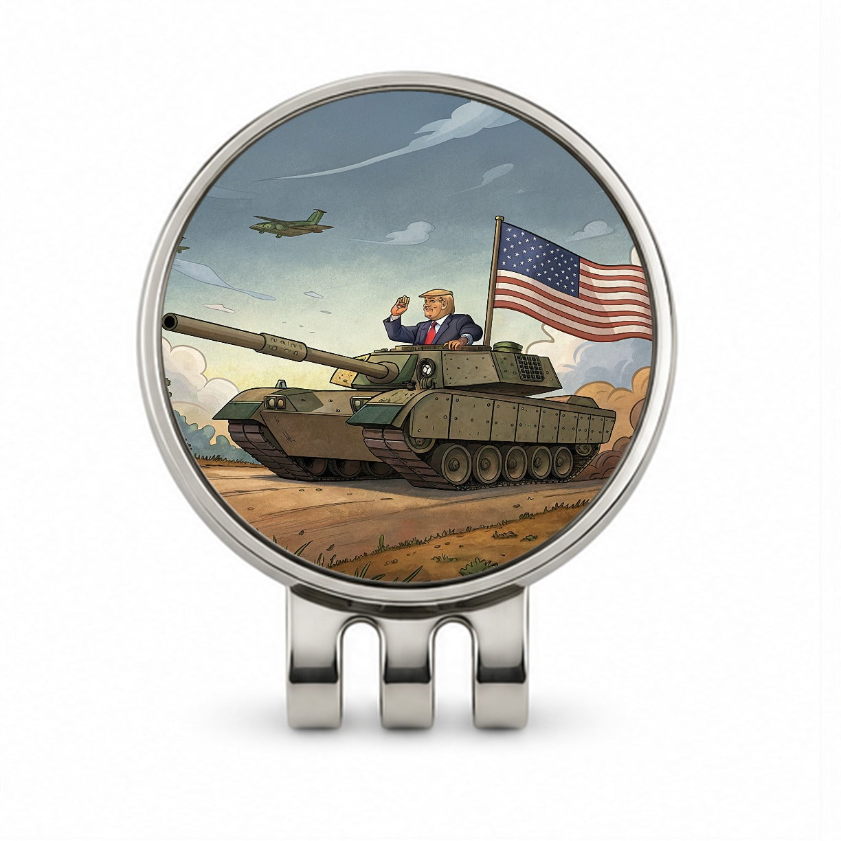 Patriotic Donald Trump Driving M1 Abrams Tank Funny Golf Hat Clip with Ball Marker